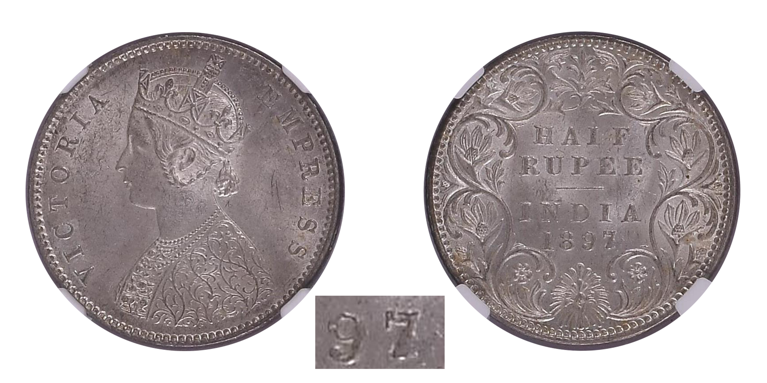 1897 (7 over 6), Victoria Empress , Silver 1/2 Rupee, Bombay Mint , traces of numeral '6' 