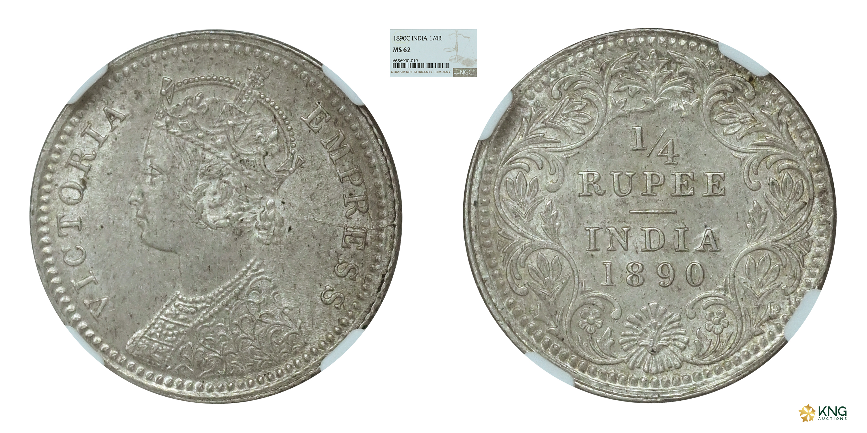 British India, Victoria Empress , silver ¼ rupee , 1890 , Calcutta mint, C/II variety, wit