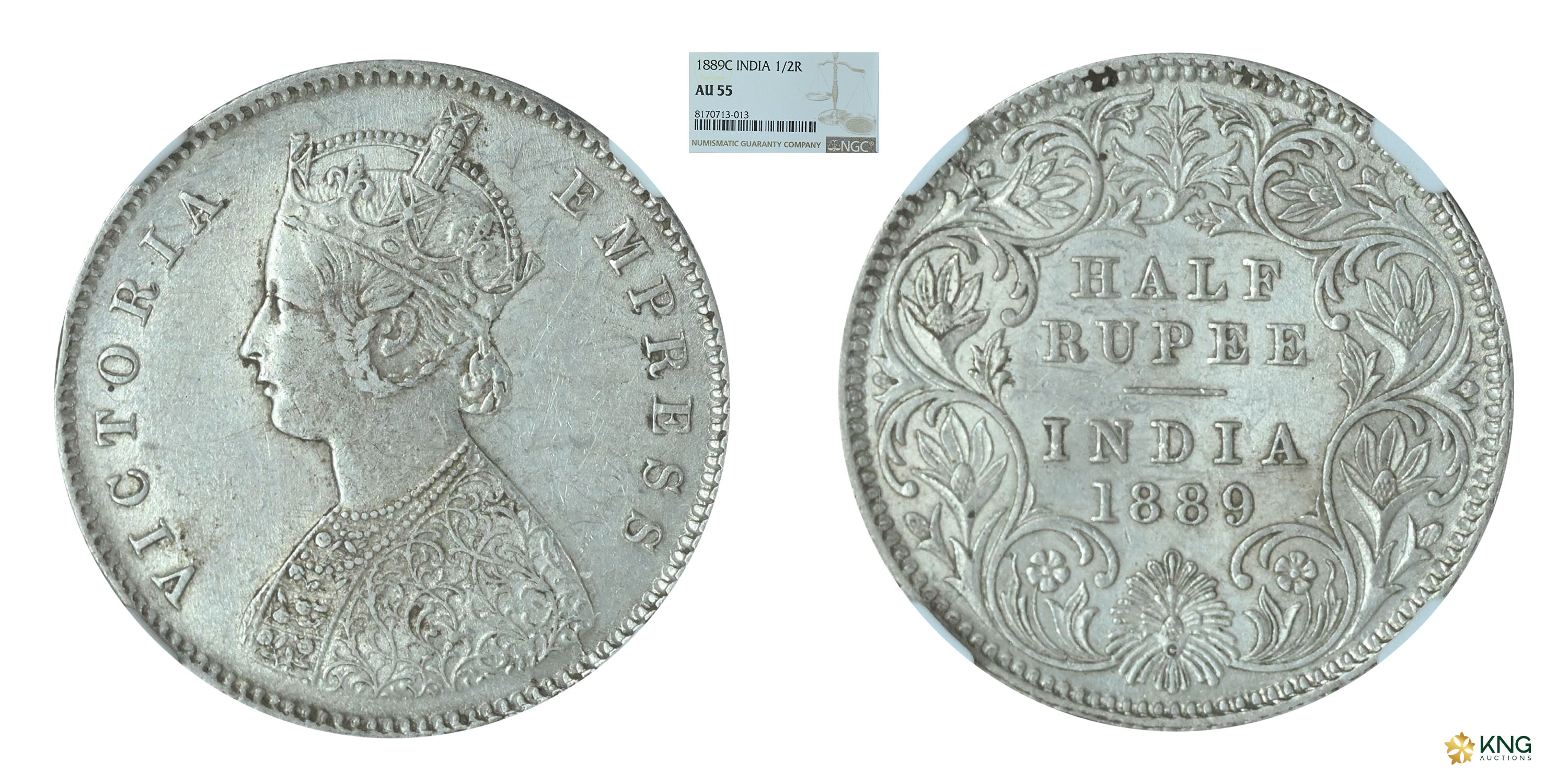 British India , Victoria Empress , silver ½ rupee , 1889, Calcutta mint , A/I, C incuse. P