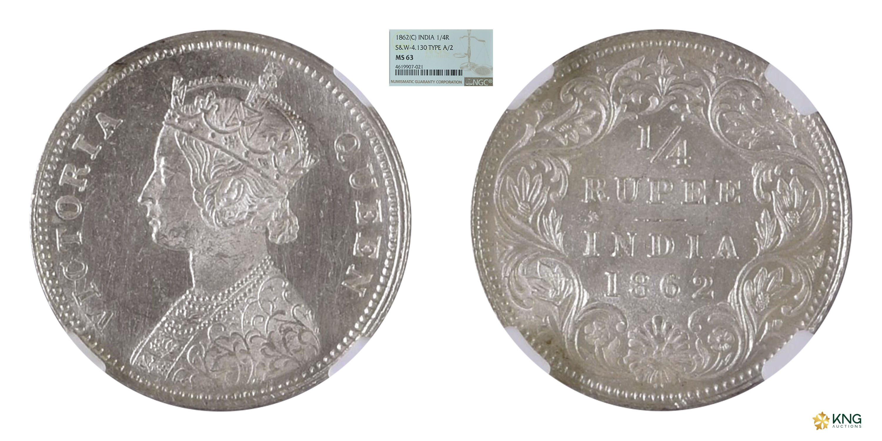 British India , Victoria Queen , silver ¼ rupee , 1862, Calcutta mint , A/II. PR# 376 / S&