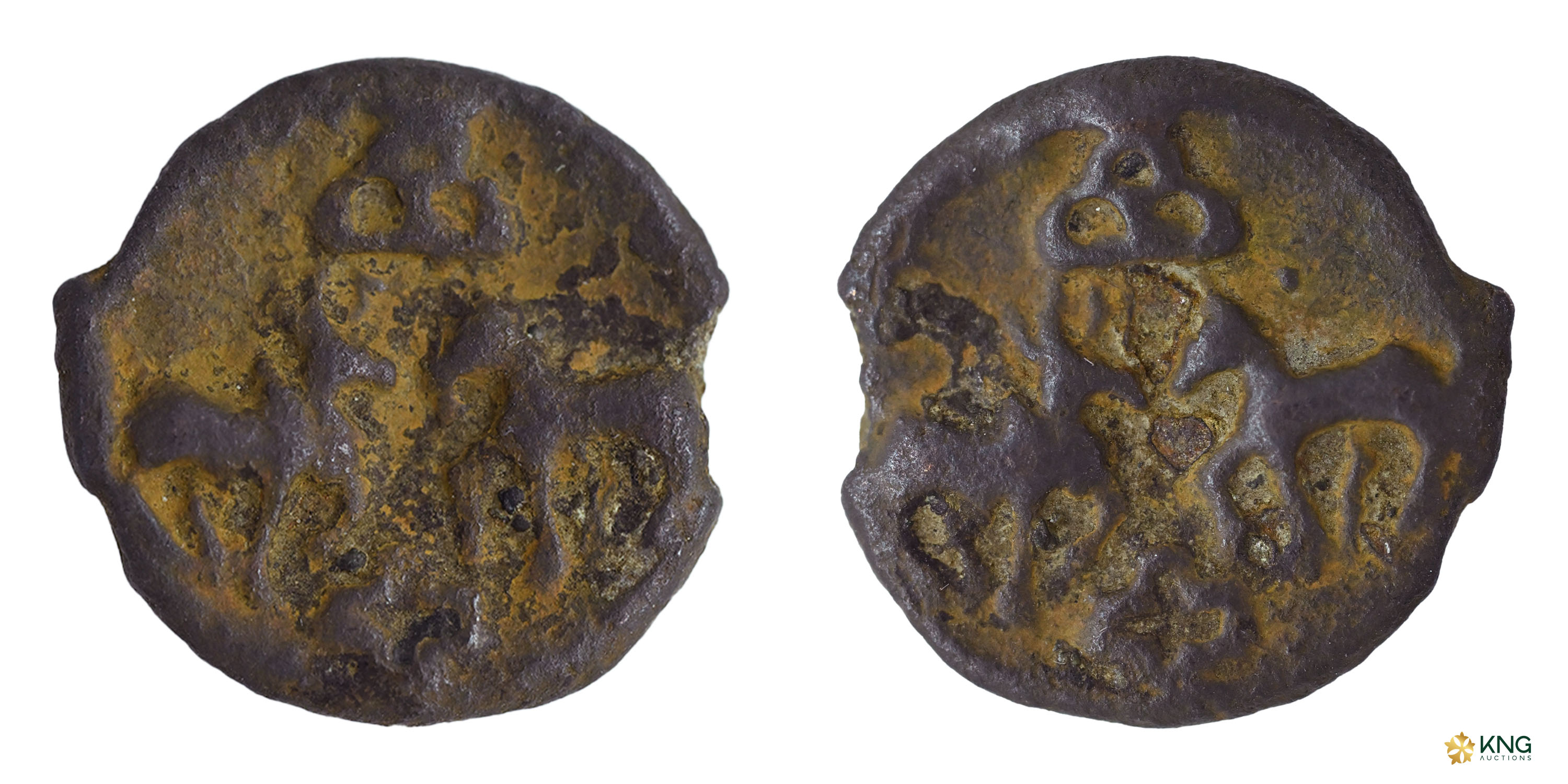 Ancient, Taxila ( 2nd–1st Century BC ), copper unit (1.75 g, 14.64 mm). Obv: Bull and deer
