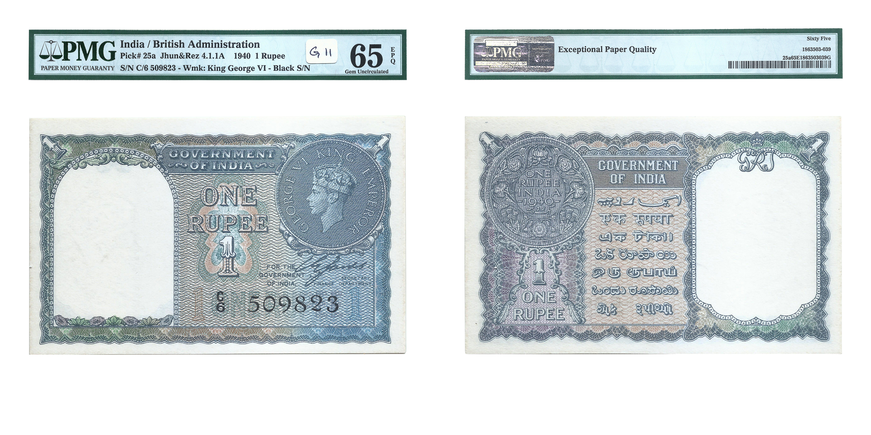 British India, 1944, King George VI, 1 Rupee, Signed by C.E. Jones , Serial number in blac