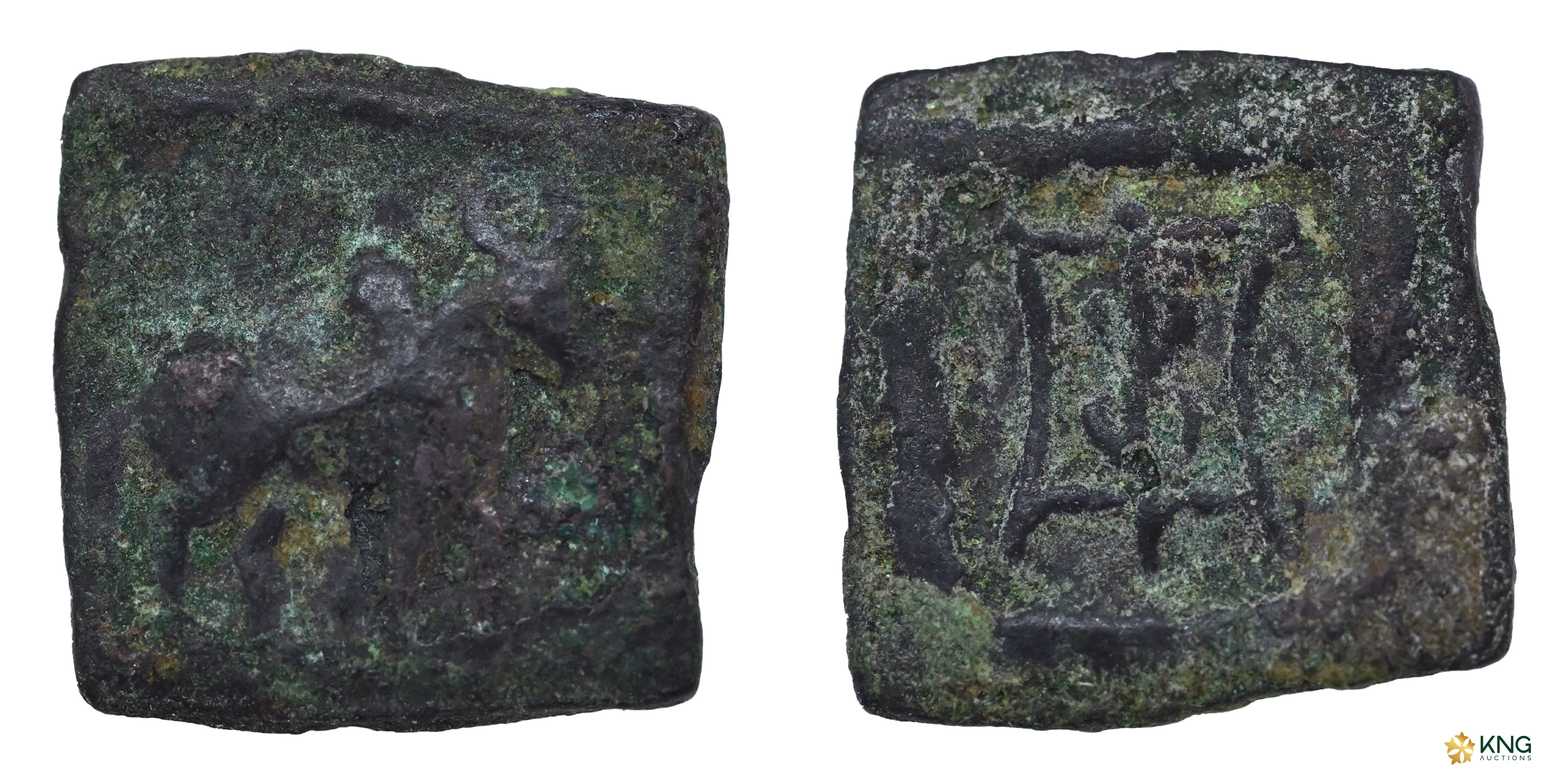 Indo-Greeks, Apollodotus II , copper square unit (1.30 g, 13.46 × 13.75 mm). Obv: Humped b