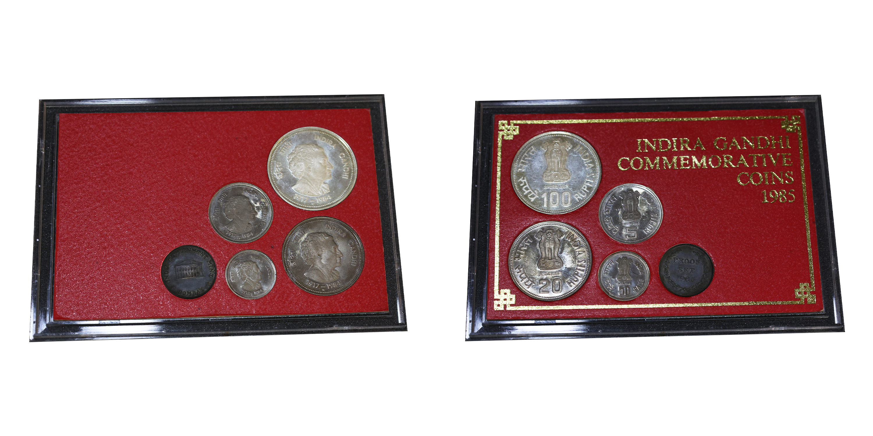 1985, Commemorative, “Indira Gandhi (1917-1984)”, Bombay Mint, Proof Coin Set - (in acryli