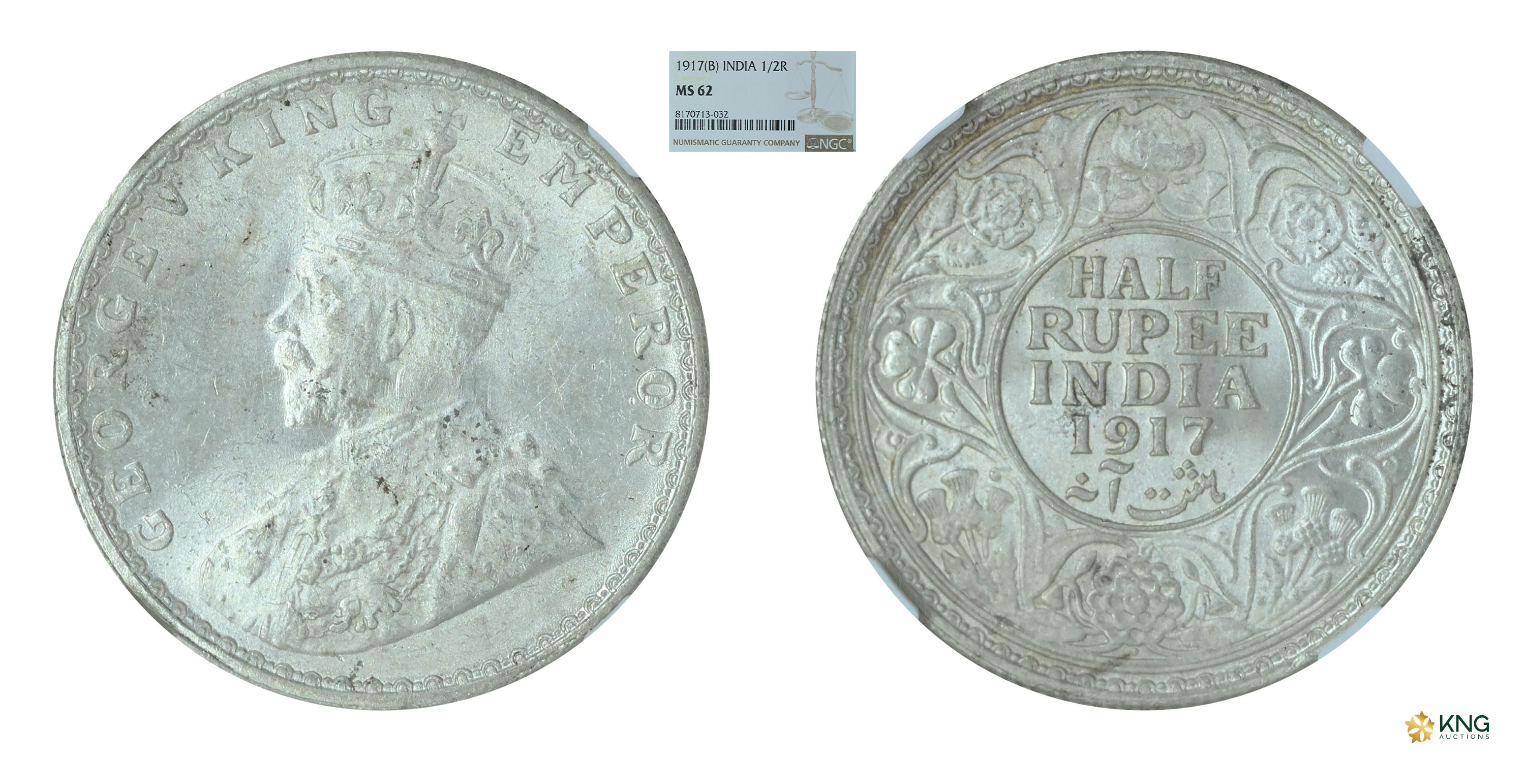 British India , George V, King Emperor , silver ½ rupee , 1917, Bombay mint . PR# 341 / S&