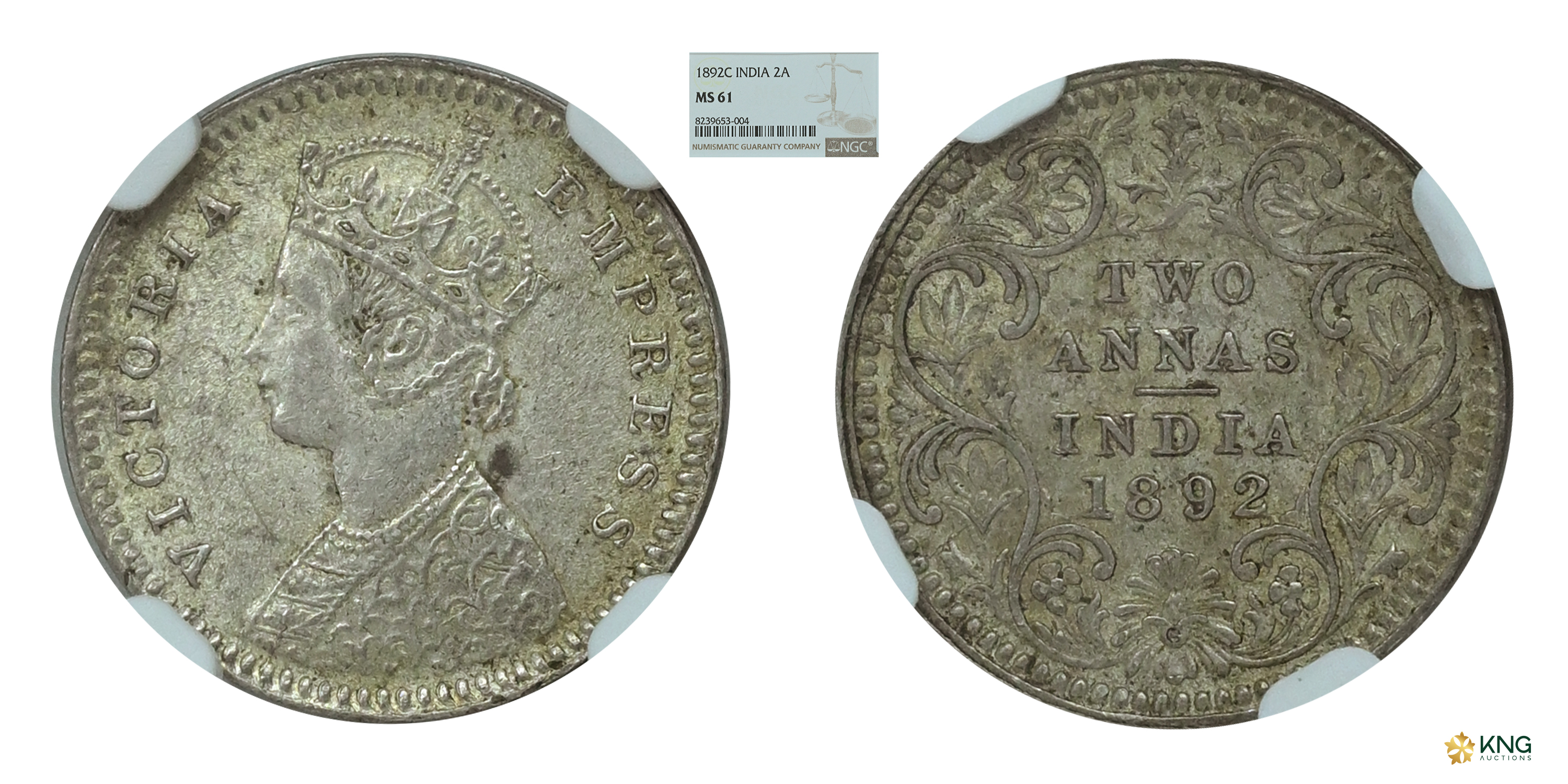 British India, Victoria Empress , silver two annas , 1892 , Calcutta mint, with “C” mintma