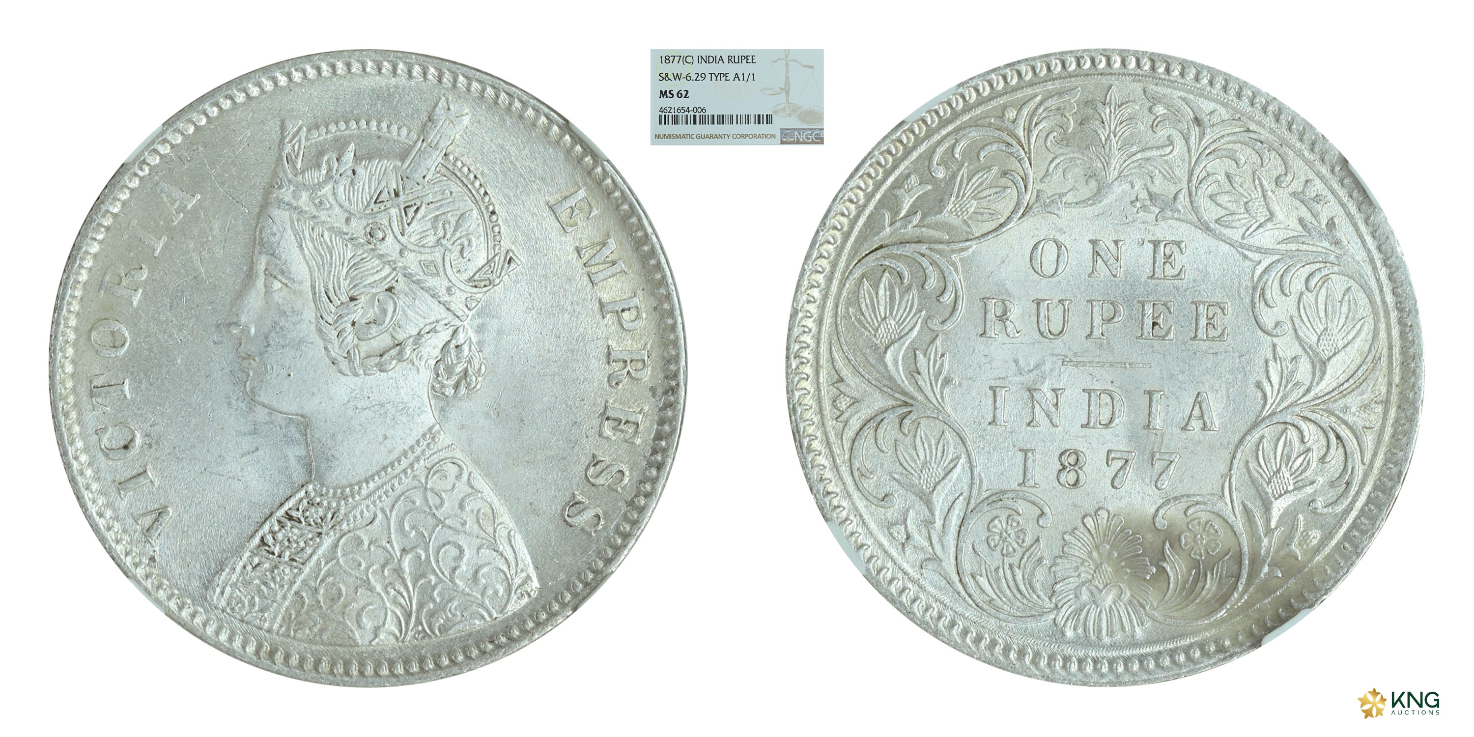 British India, Victoria Empress (AD 1876–1901), silver rupee , 1877 , Calcutta mint. Obv: 
