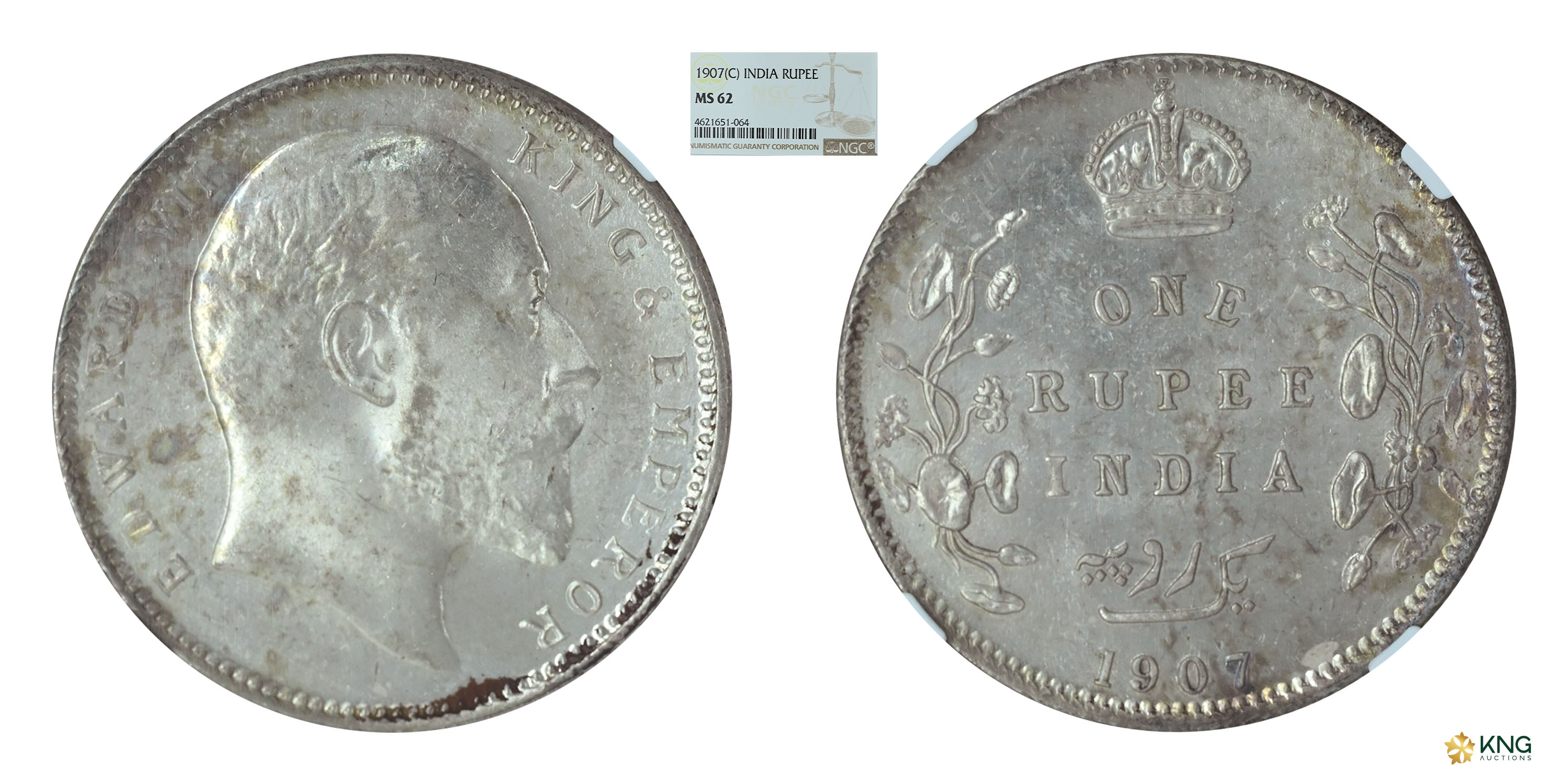 British India, Edward VII, King and Emperor , silver rupee , 1907 , Calcutta mint. PR# 193