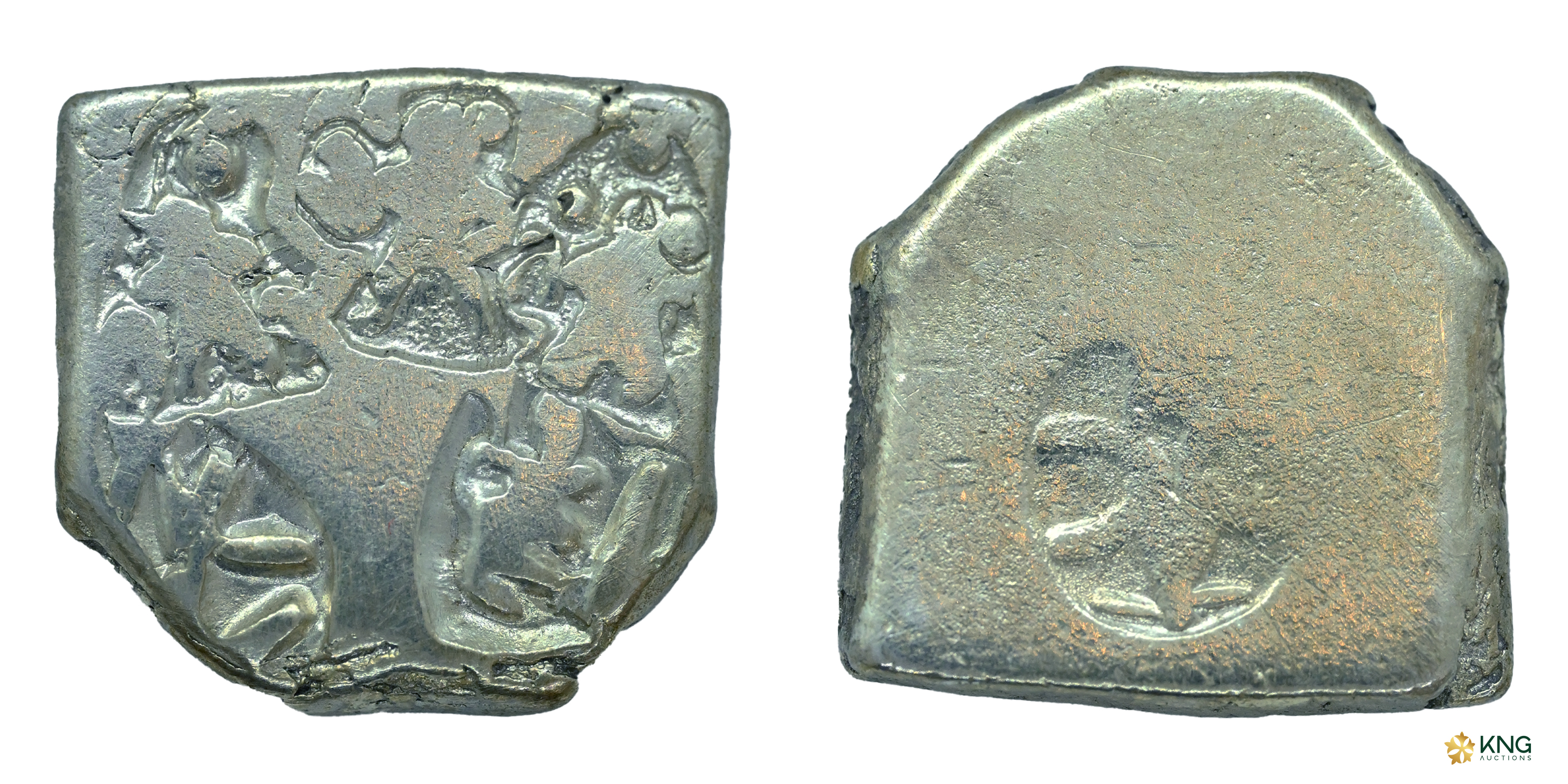 Punch-Marked, Mauryan Empire , silver karshapana (3.20 g, 13.34 × 14.05 mm). Obv: Six-arme