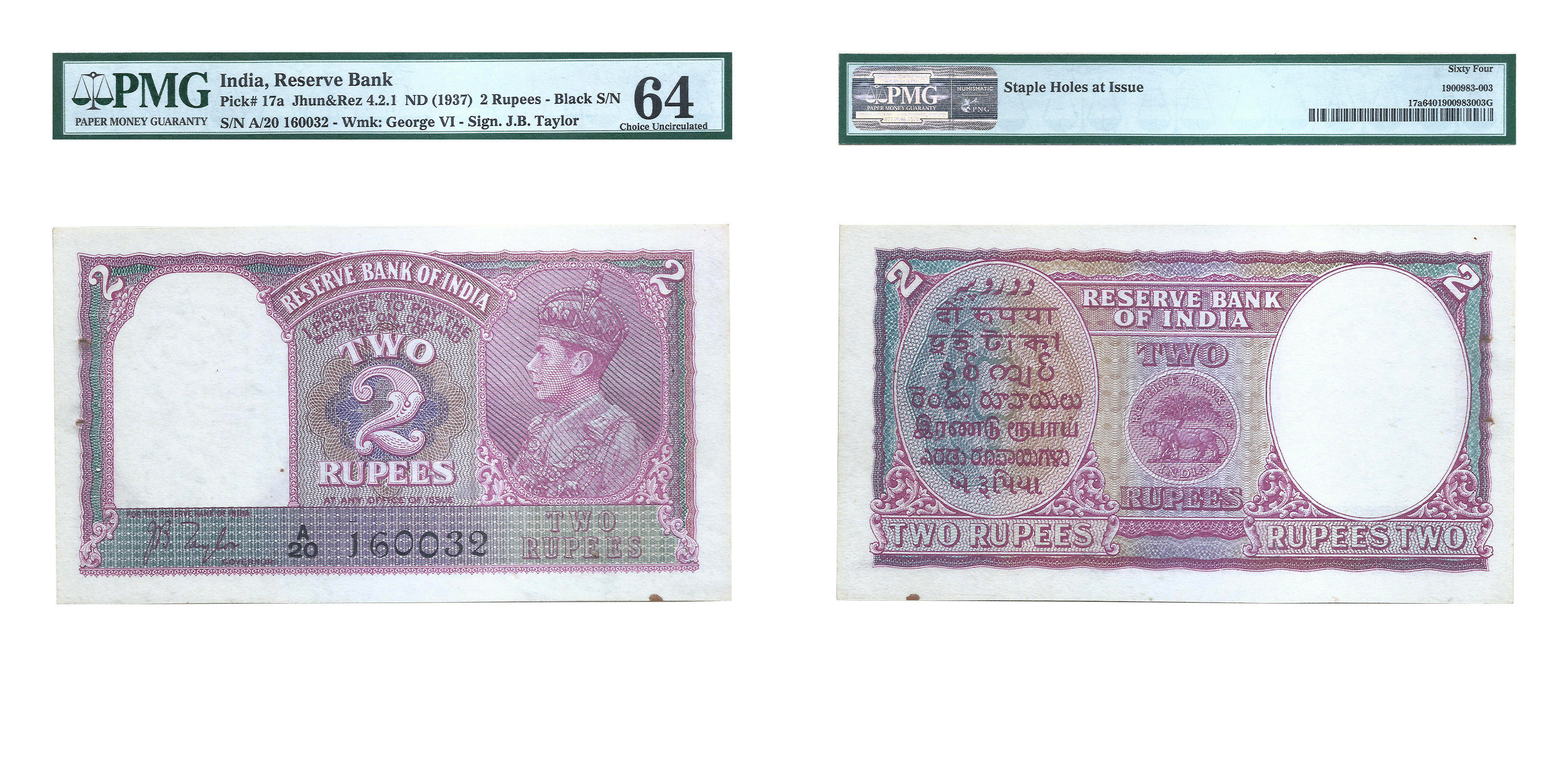 British India, George VI, 2 Rupees, ND (1943), signed by J.B. Taylor , Serial No.: A20 160