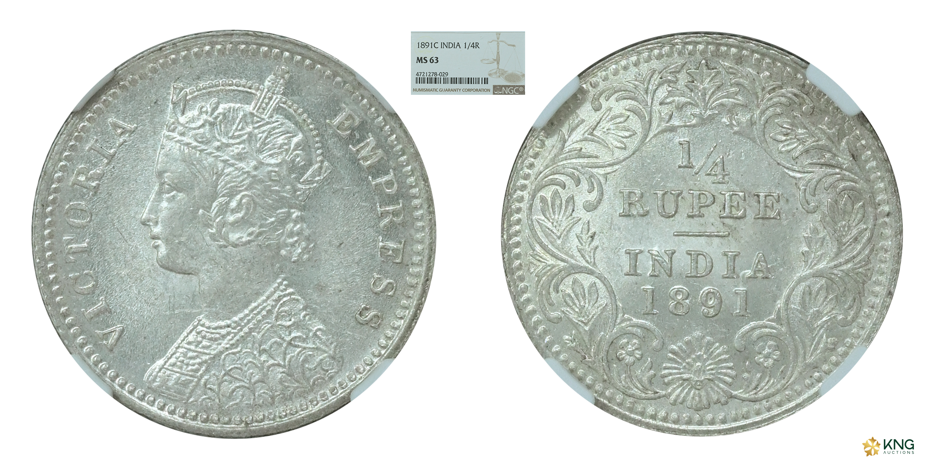 British India, Victoria Empress , silver ¼ rupee , 1891 , Calcutta mint, with “C” mintmark