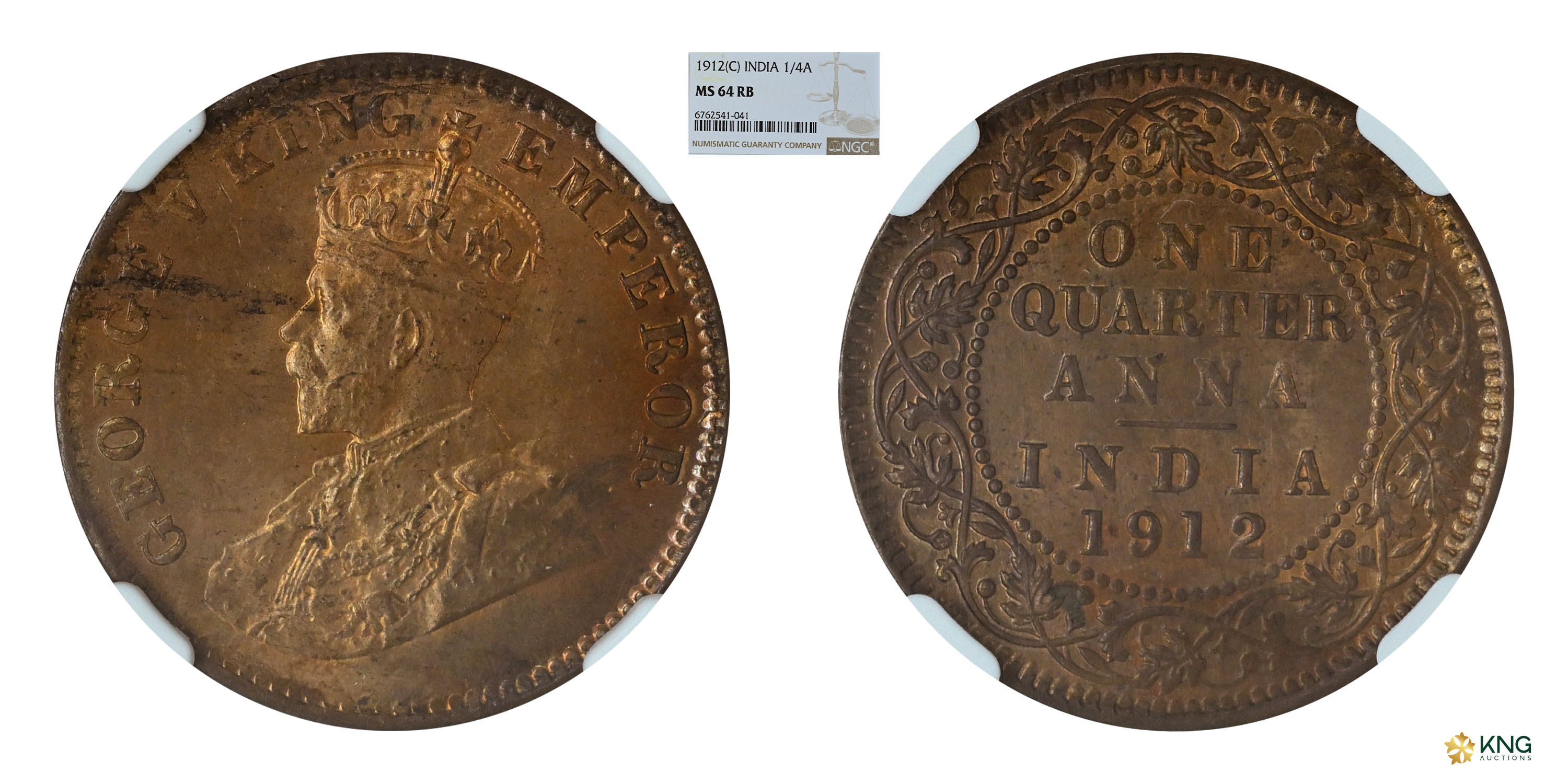 British India , George V, King Emperor , bronze ¼ anna , 1912, Calcutta mint . PR# 658 / S