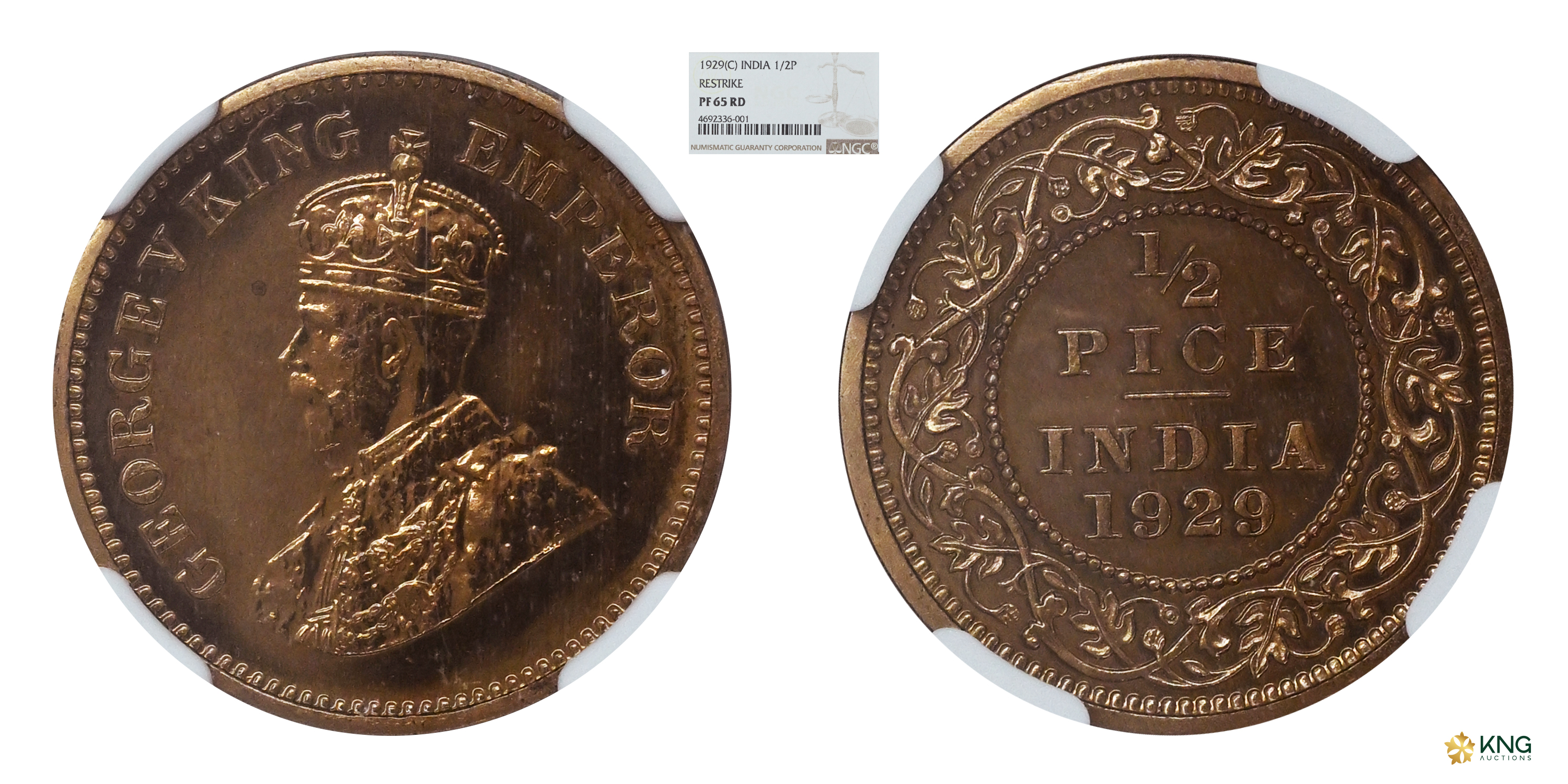 British India, George V , bronze ½ pice , 1929, Calcutta mint, proof restrike. S&amp;W# 8.