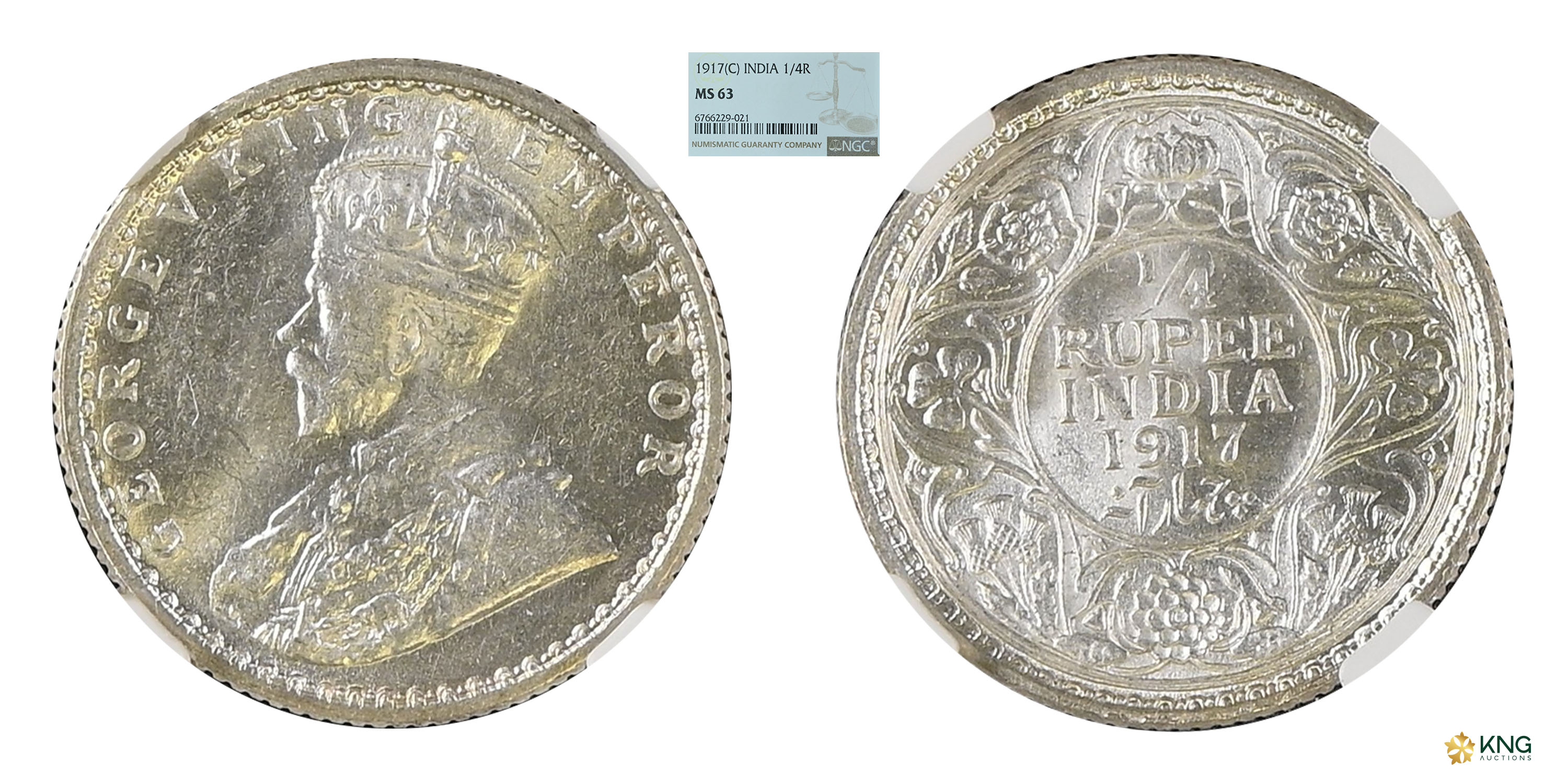 British India , George V, King Emperor , silver ¼ rupee , 1917, Calcutta mint . PR# 446 / 