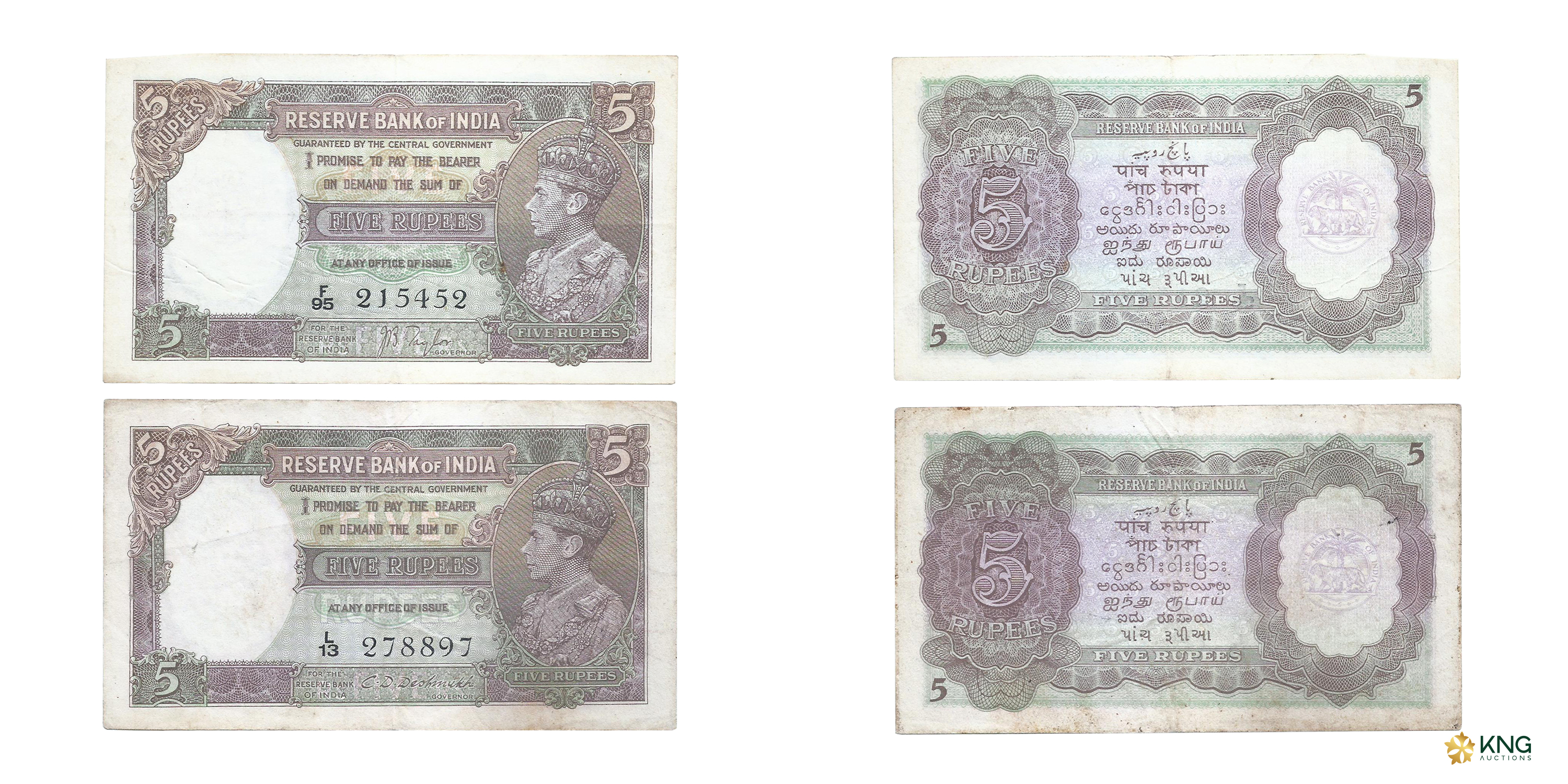 British India, George VI , 5 rupees (2 pcs) , 1944, signed by J. B. Taylor and C. D. Deshm