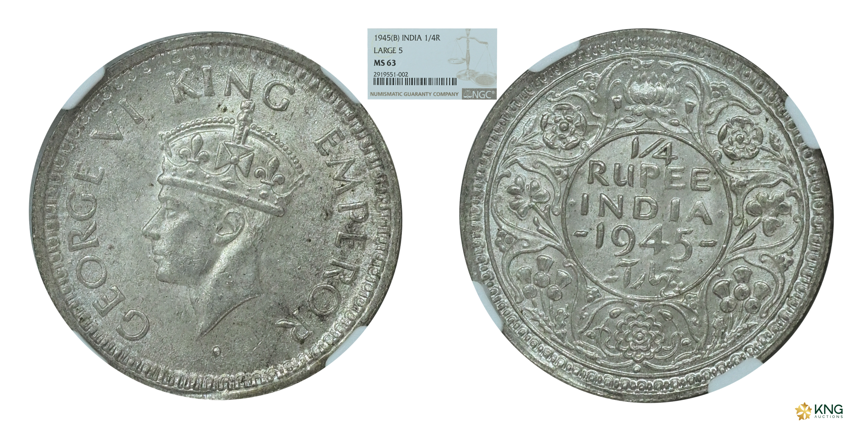 British India, George VI, King Emperor , silver ¼ rupee , 1945 , Bombay mint, Large 5 vari