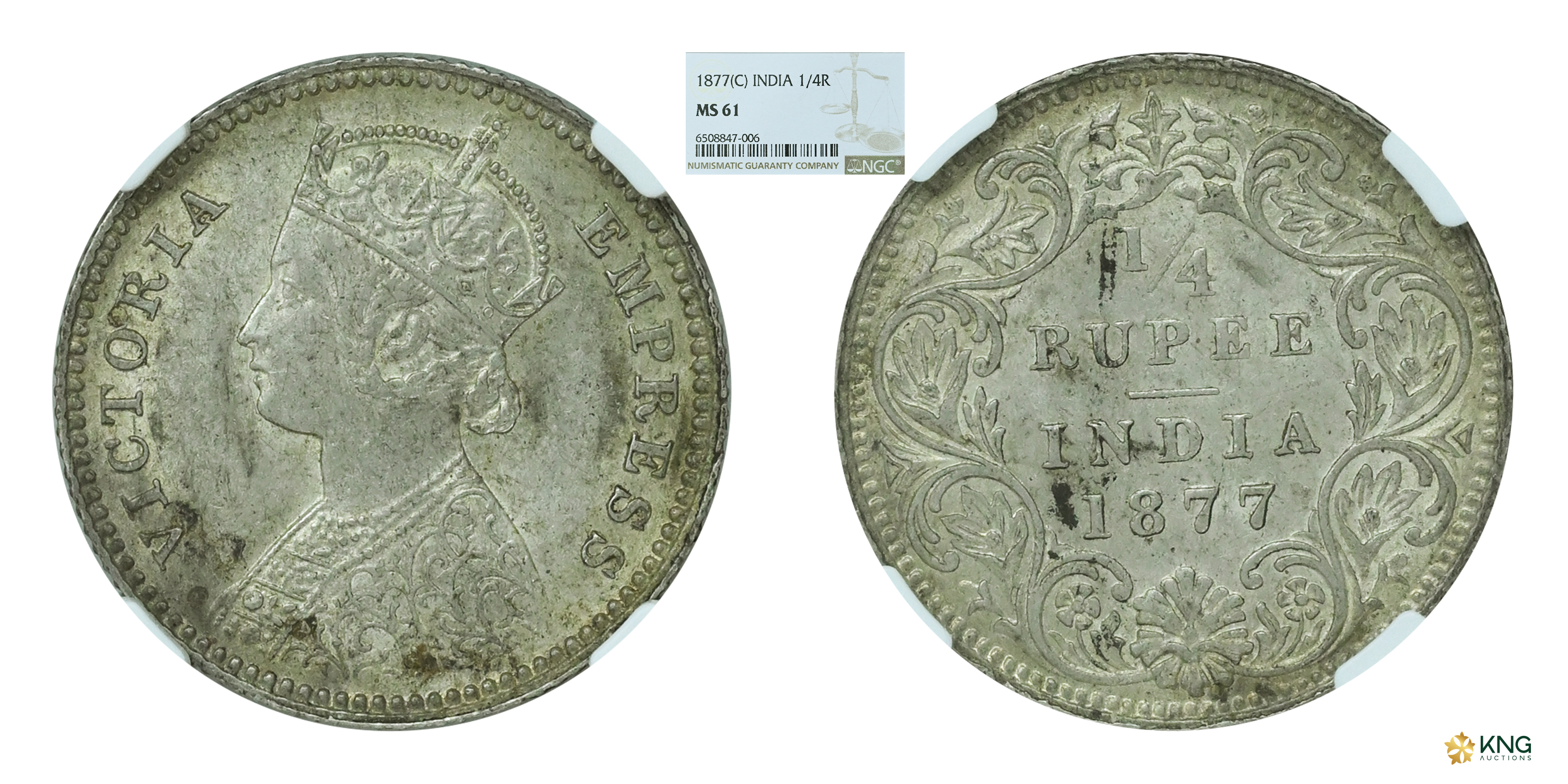 British India, Victoria Empress , silver ¼ rupee , 1877 , Calcutta mint, with “C” mintmark