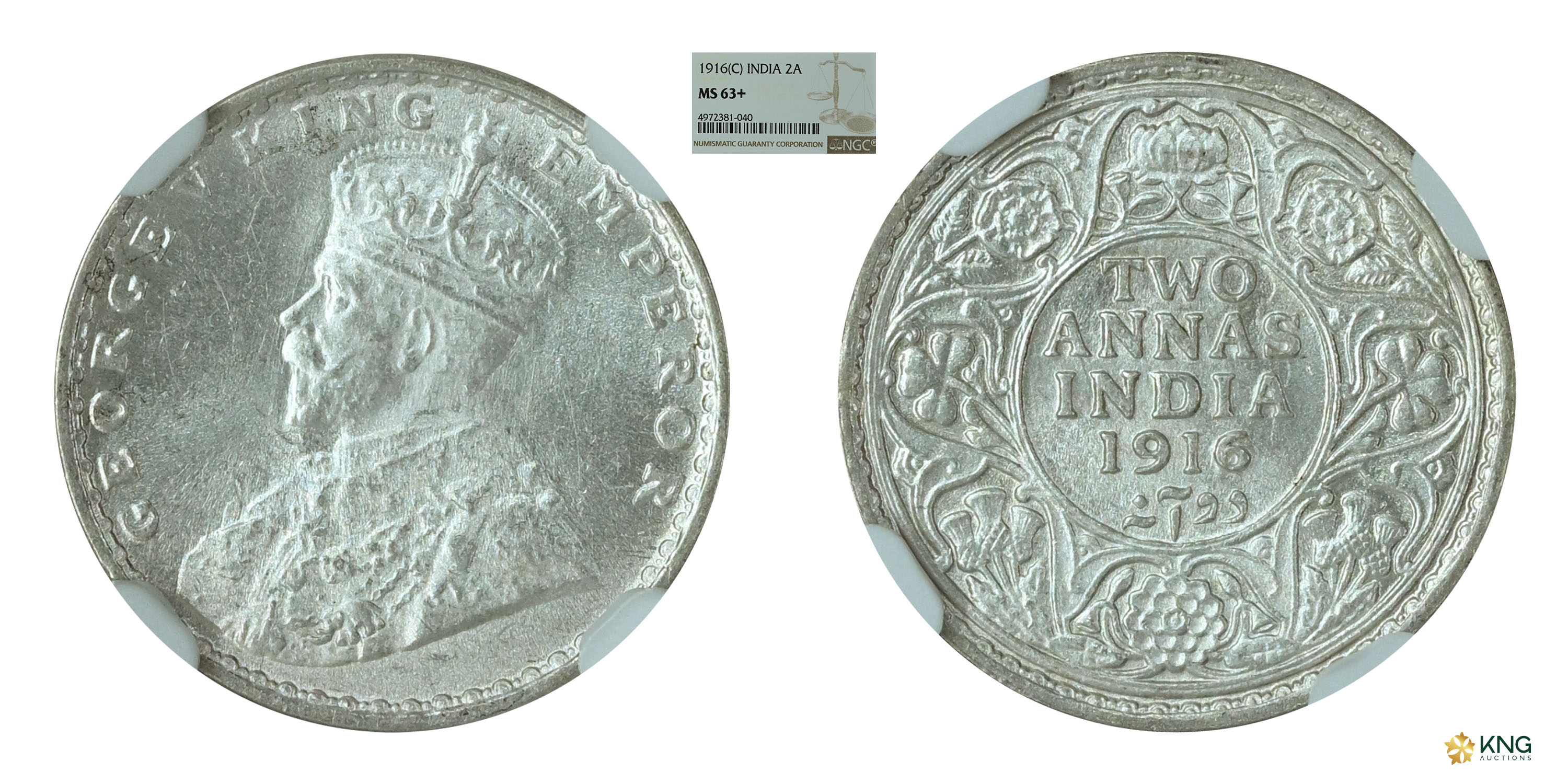 British India , George V, King Emperor , silver two annas , 1916, Calcutta mint . PR# 569 