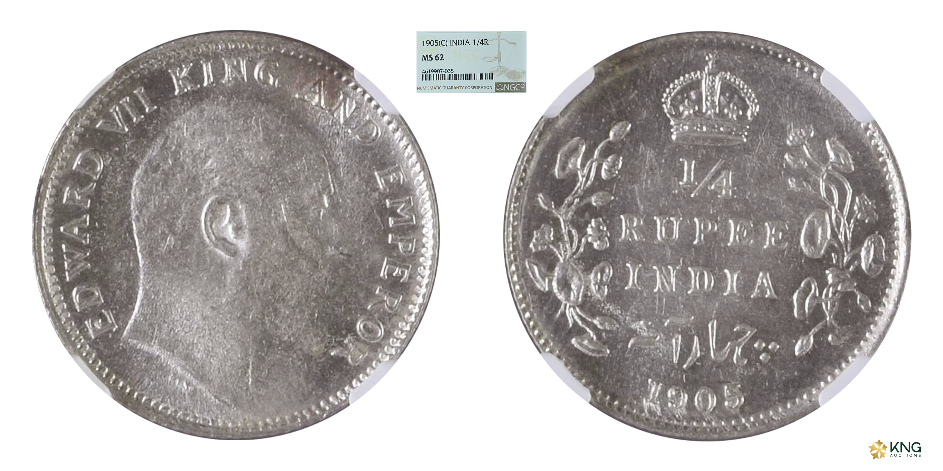 British India , Edward VII, King &amp; Emperor , silver ¼ rupee , 1905, Calcutta mint . PR