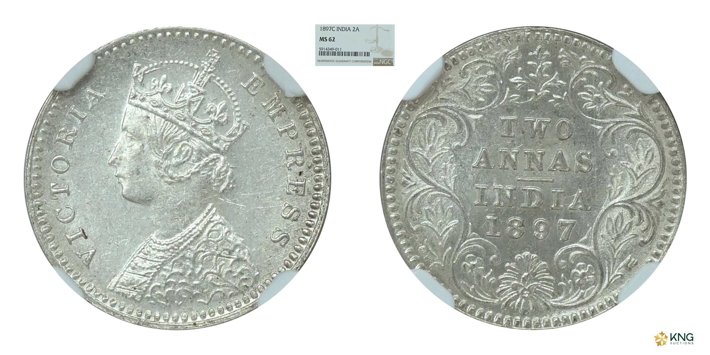 British India, Victoria Empress , silver two annas , 1897 , Calcutta mint, with “C” mintma