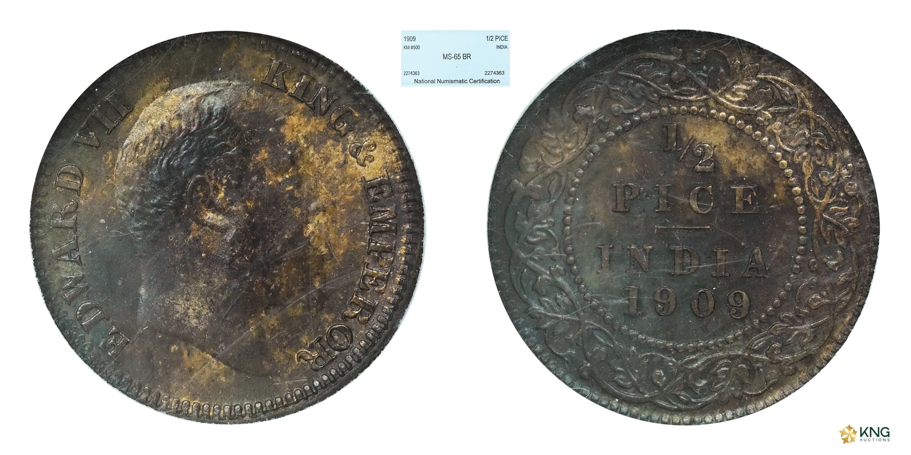 1909, Edward VII King &amp; Emperor, Bronze ½ Pice , (PR #743 / S&amp;W #7.203 / KM #500),