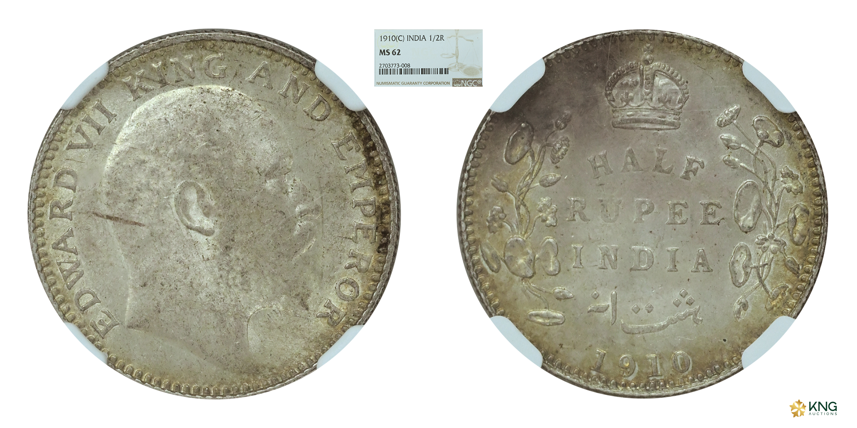 British India, Edward VII, King and Emperor , silver ½ rupee , 1910 , Calcutta mint. PR# 3