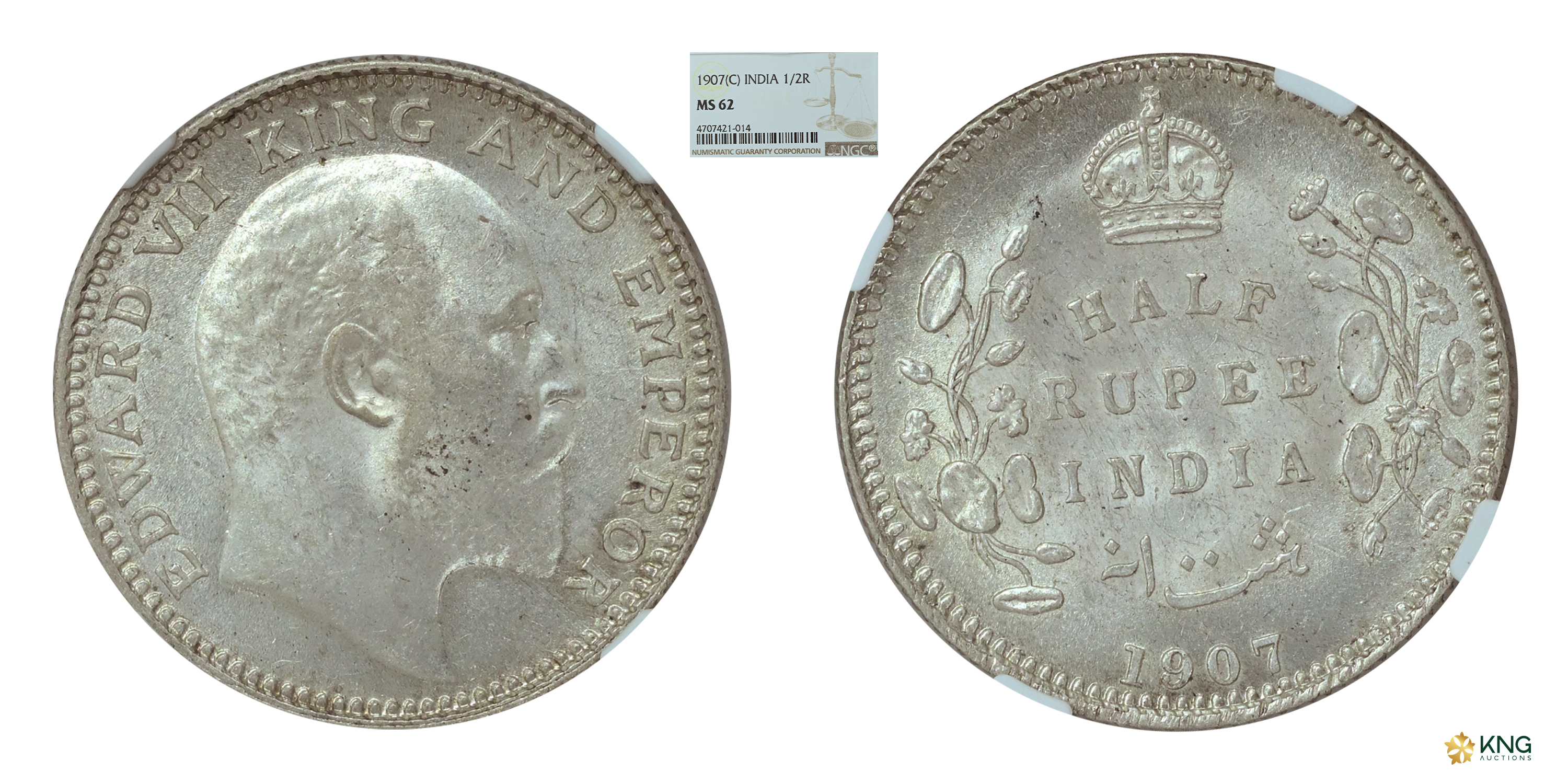 British India, Edward VII, King and Emperor , silver ½ rupee , 1907 , Calcutta mint. PR# 3