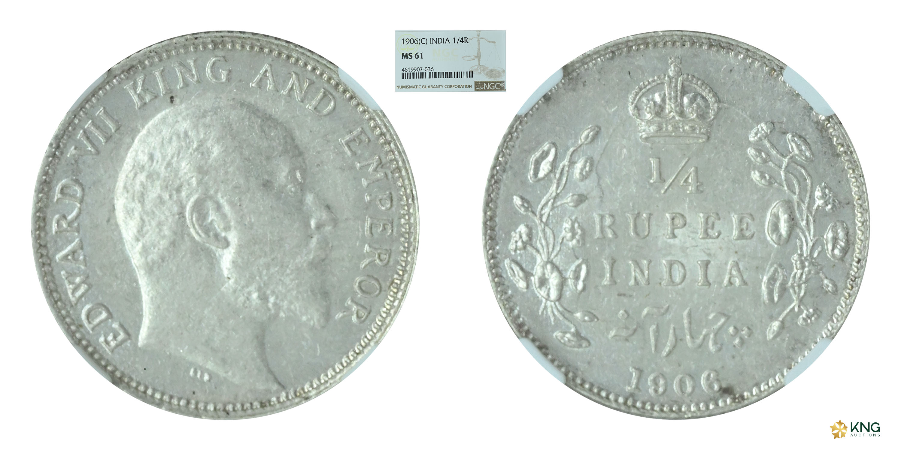 British India , Edward VII, King &amp; Emperor , silver ¼ rupee , 1906, Calcutta mint . PR