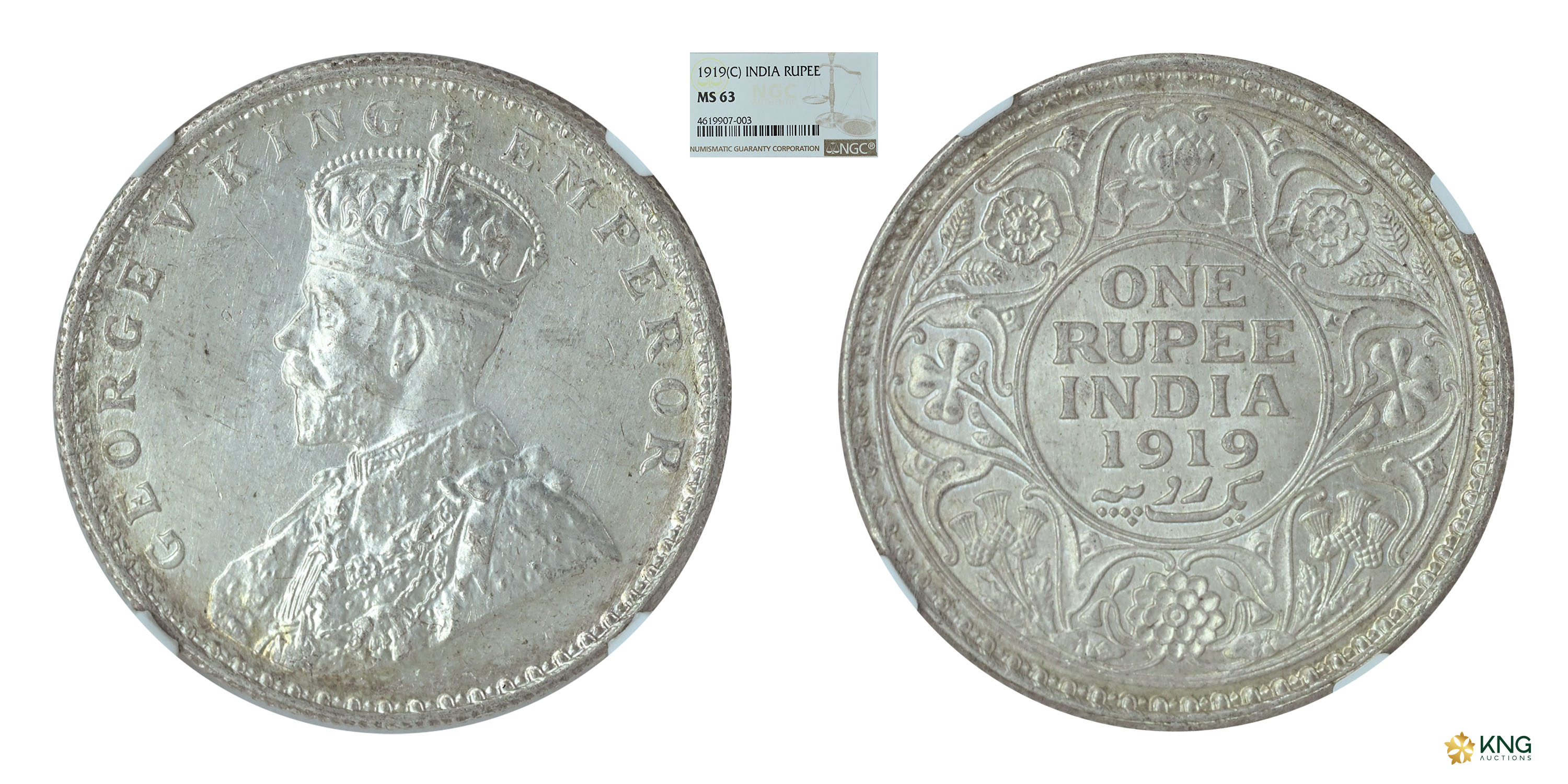 British India, George V, King Emperor , silver rupee , 1919 , Calcutta mint. PR# 215 / S&a