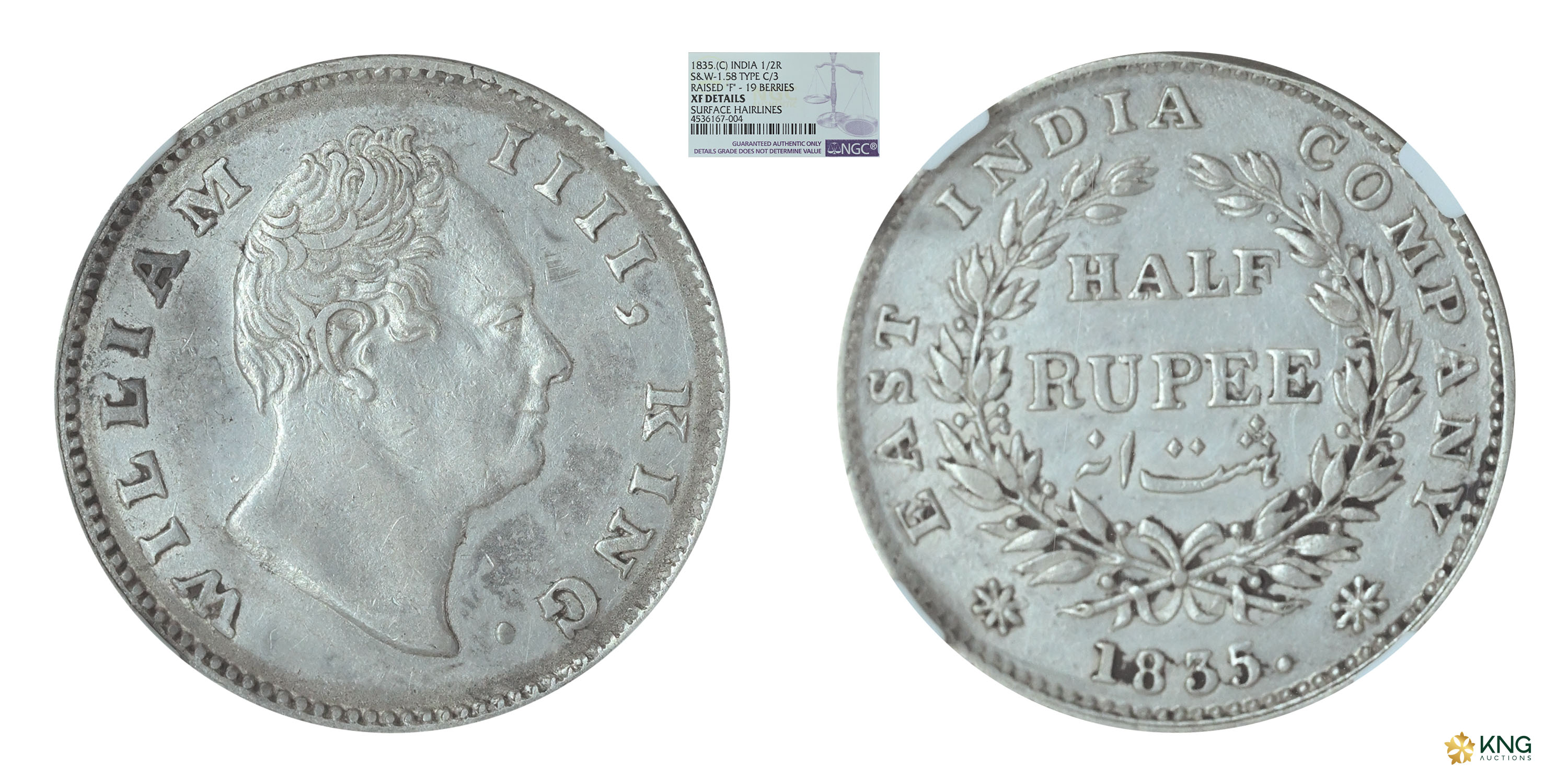 British India, William IIII, King , silver ½ rupee , 1835 , Calcutta mint, F raised on nec
