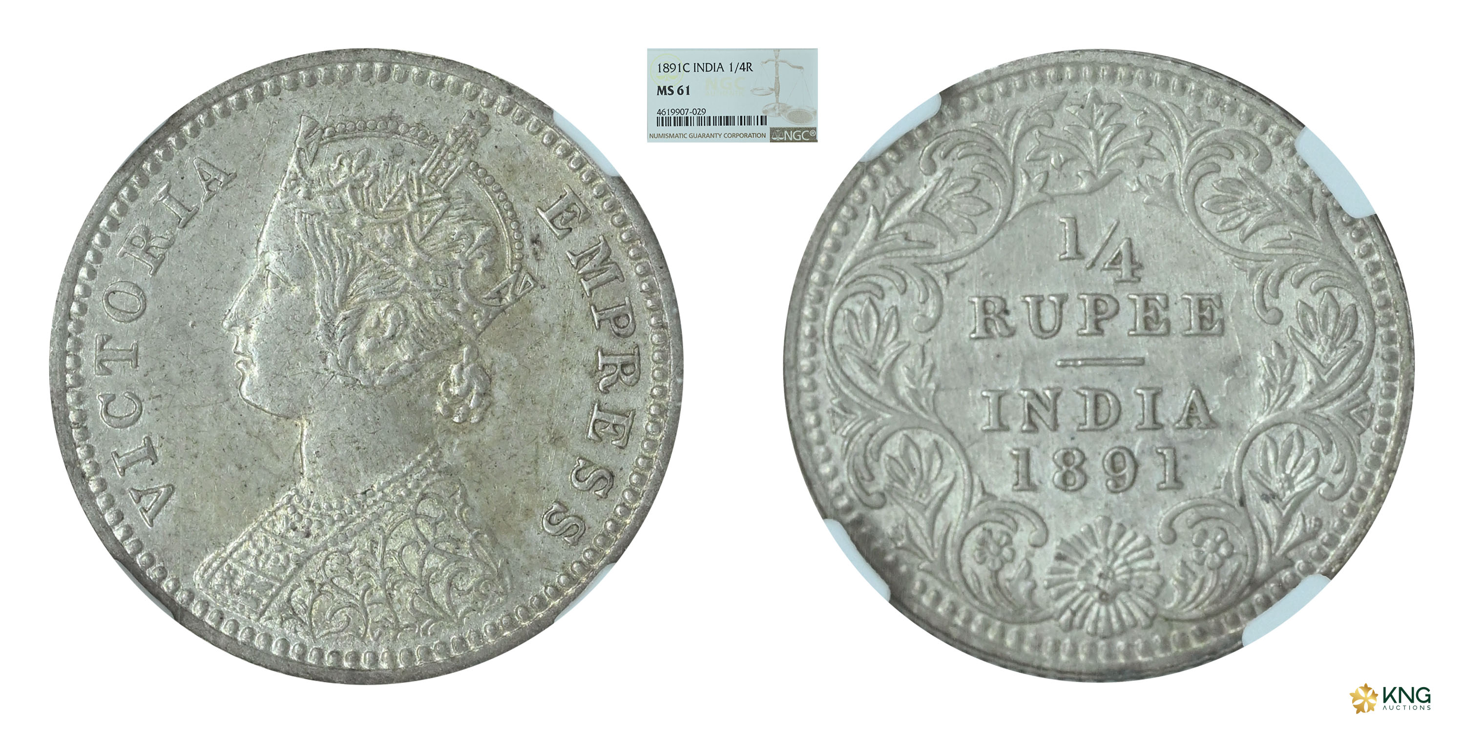 British India , Victoria Empress , silver ¼ rupee , 1891, Calcutta mint , C/II, C incuse. 
