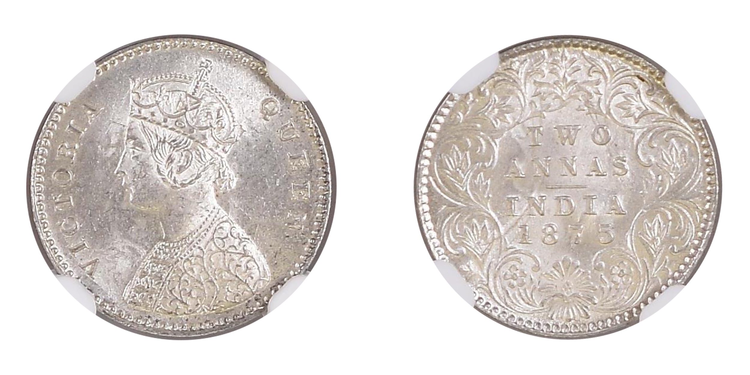 1875, Queen Victoria , Silver 2 Anna, Calcutta, no mint mark , Graded &amp; Slabbed by NGC