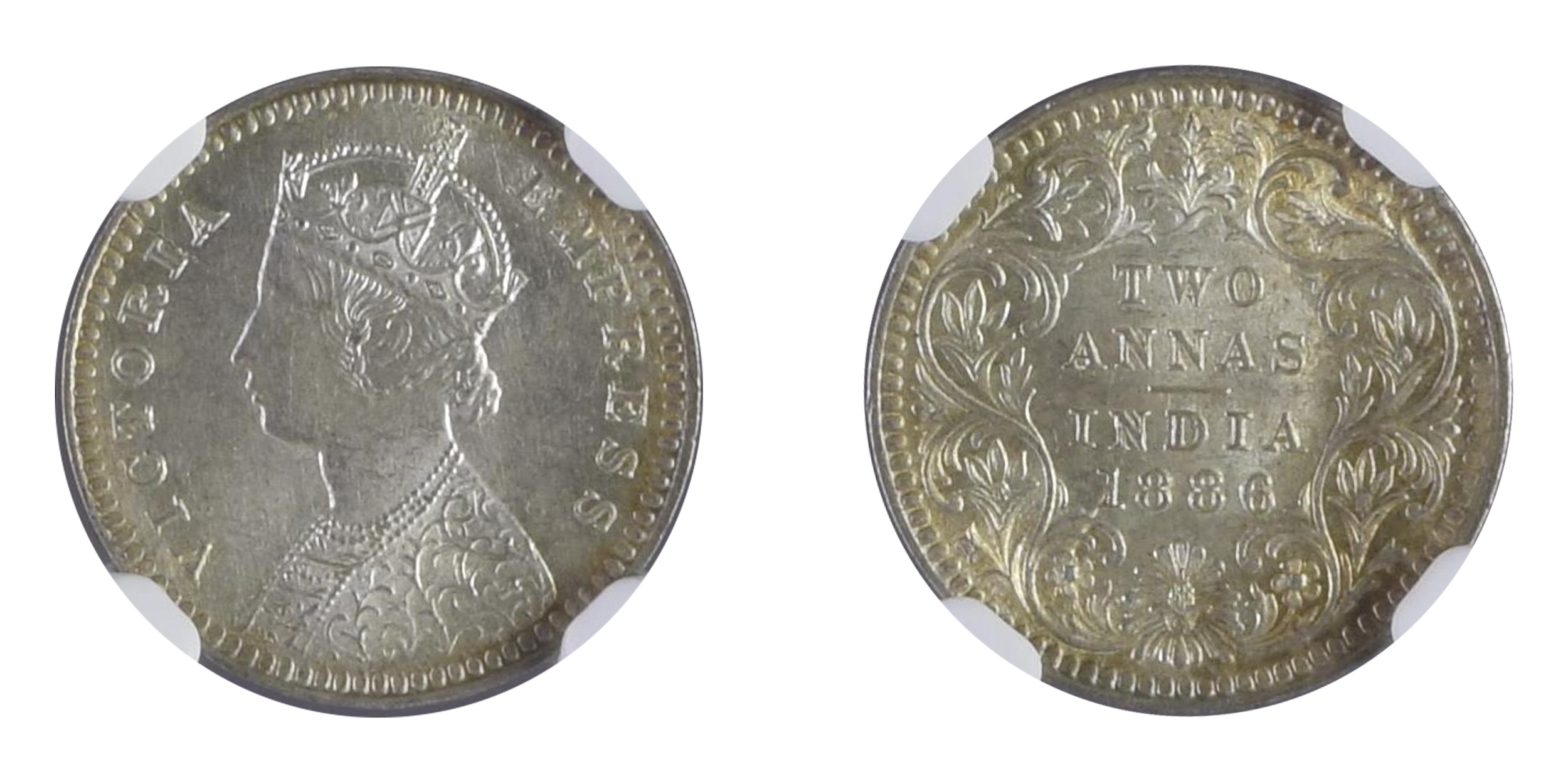 1886, Victoria Empress, Silver 2 Anna, Calcutta, B/I/ C incused , Graded & Slabbed by