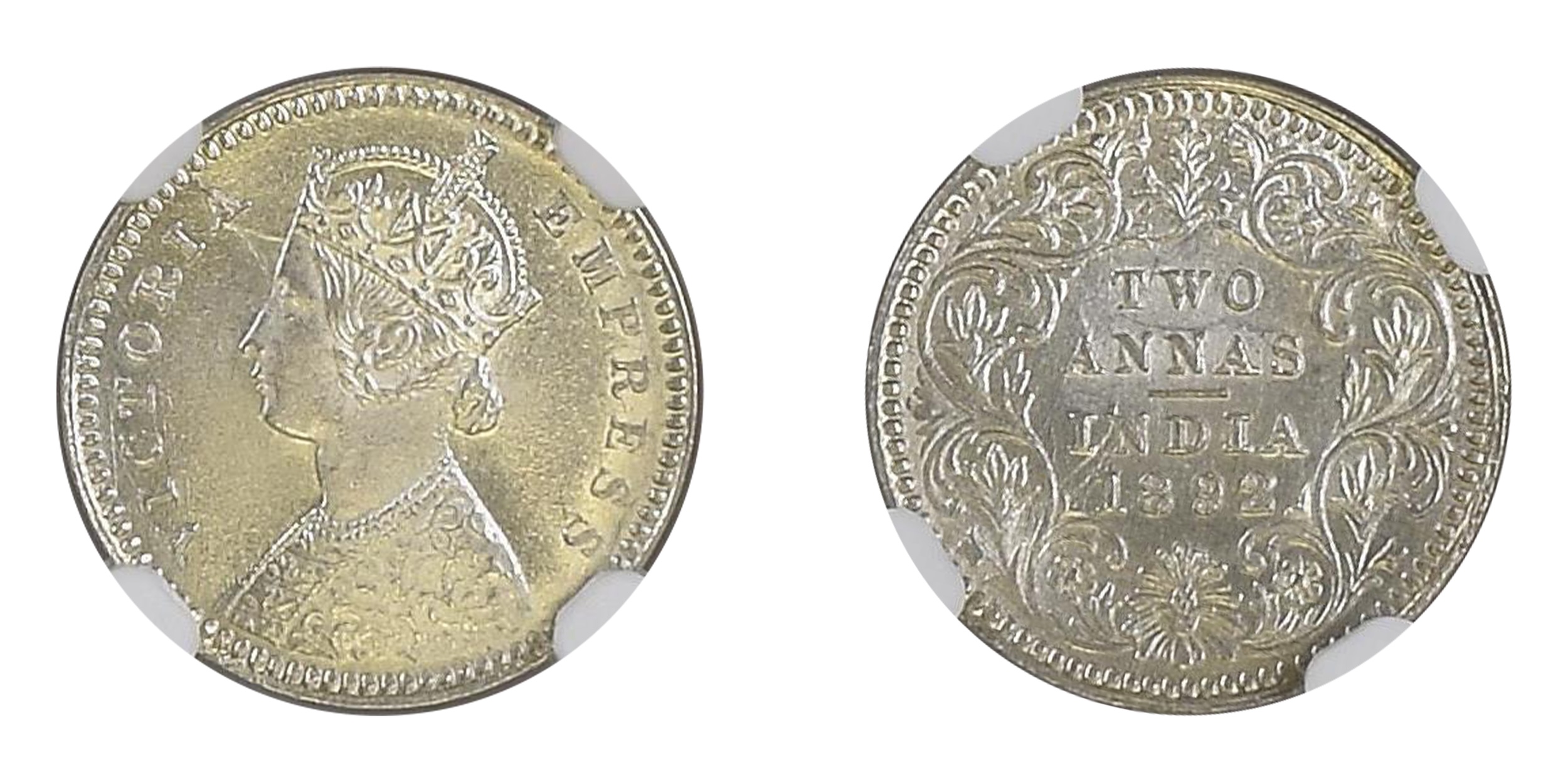 1892, Victoria Empress, Silver 2 Anna, Calcutta, B/I, C incused , Graded &amp; Slabbed by 