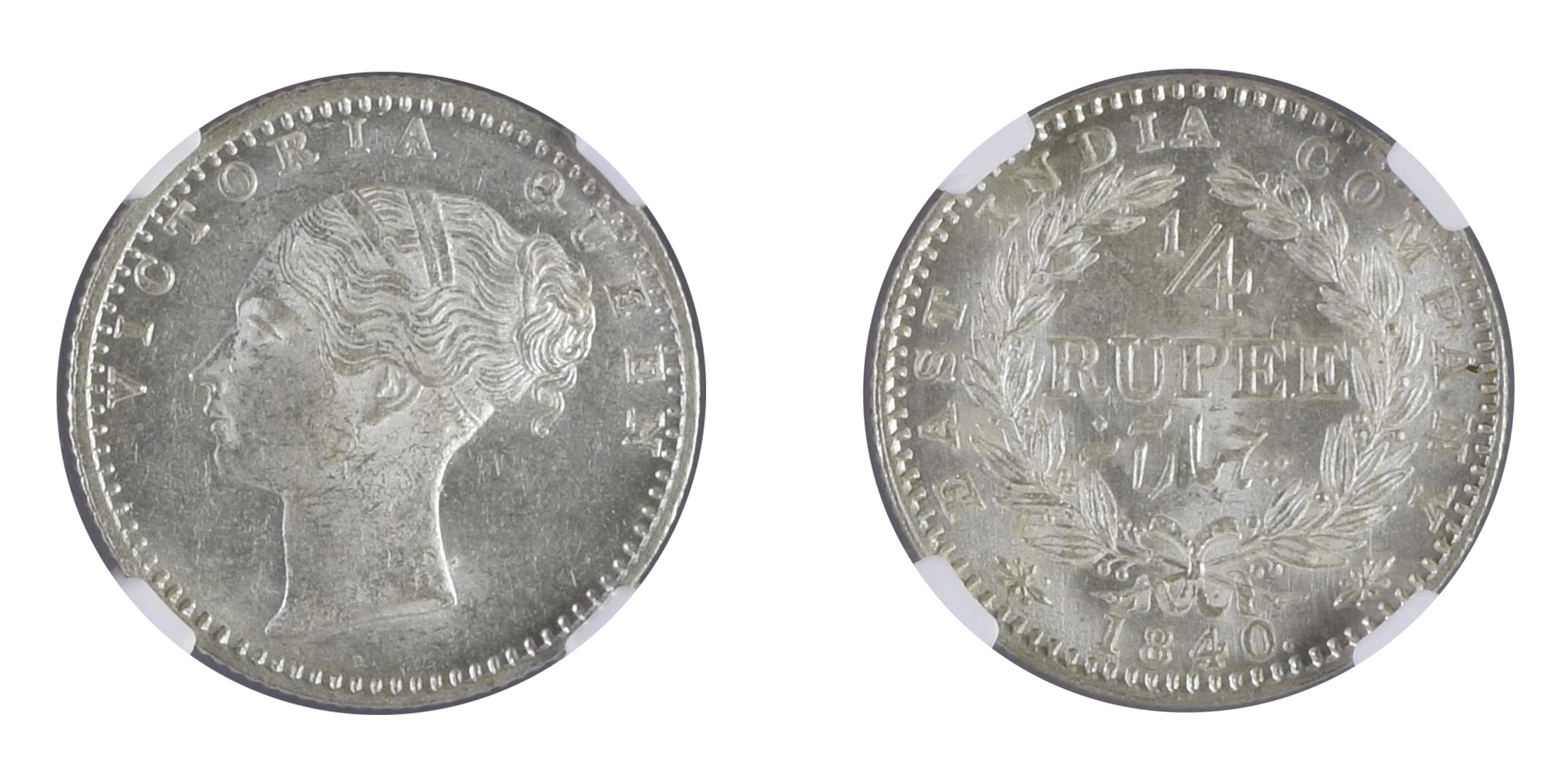 1840, Queen Victoria, Conitinuous Legend, Silver 1/4 Rupee, Calcutta , 34 berries,Graded &