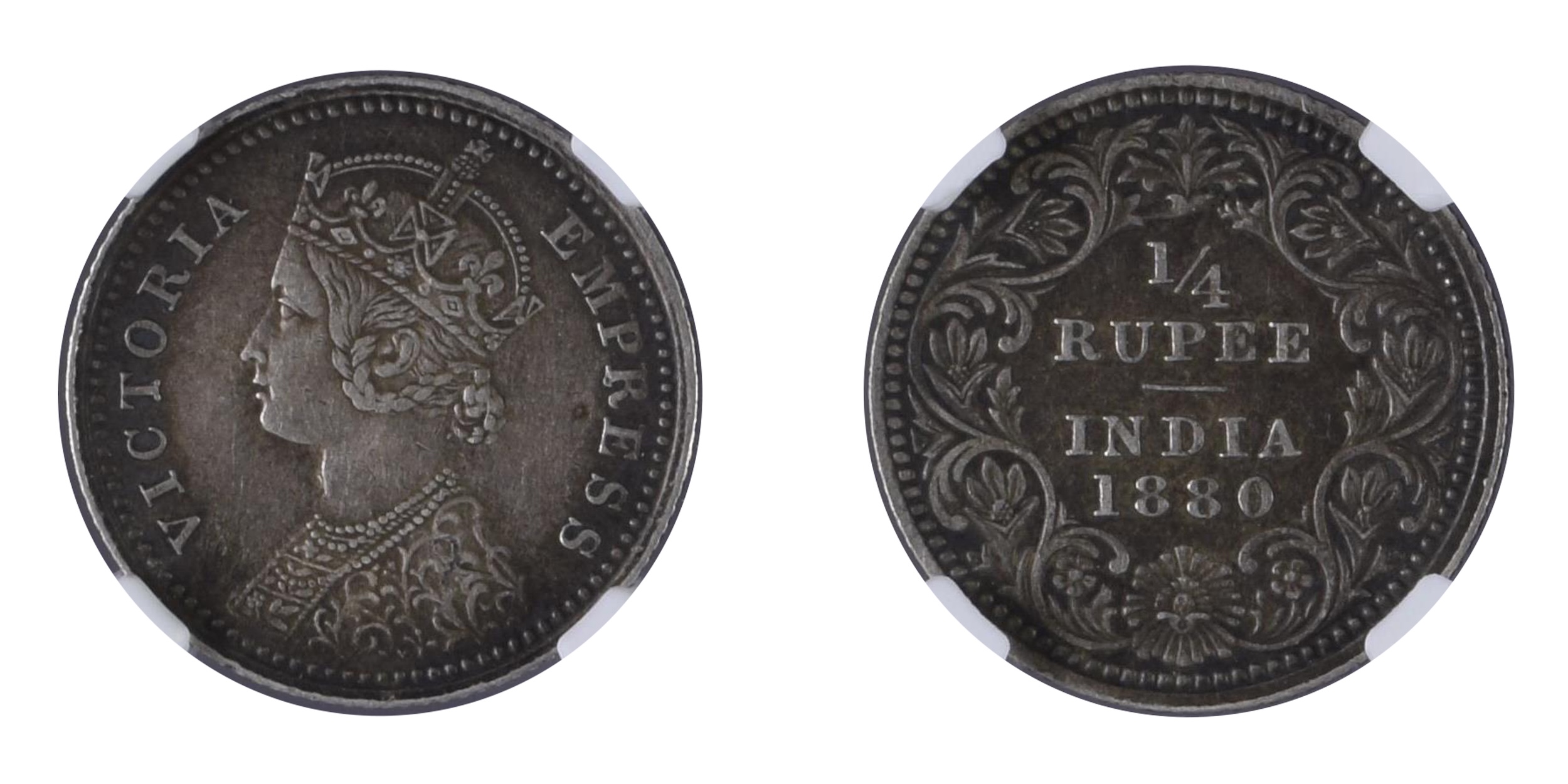1880, Victoria Empress, Silver 1/4 Rupee, Calcutta , Graded &amp; Slabbed by NGC AU 50