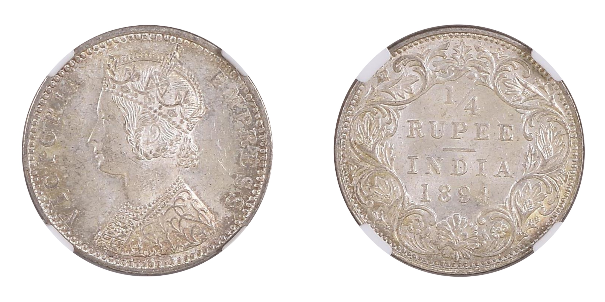 1894, Victoria Empress, Silver 1/4 Rupee, Bombay Mint, Graded &amp; Slabbed by NGC MS 64