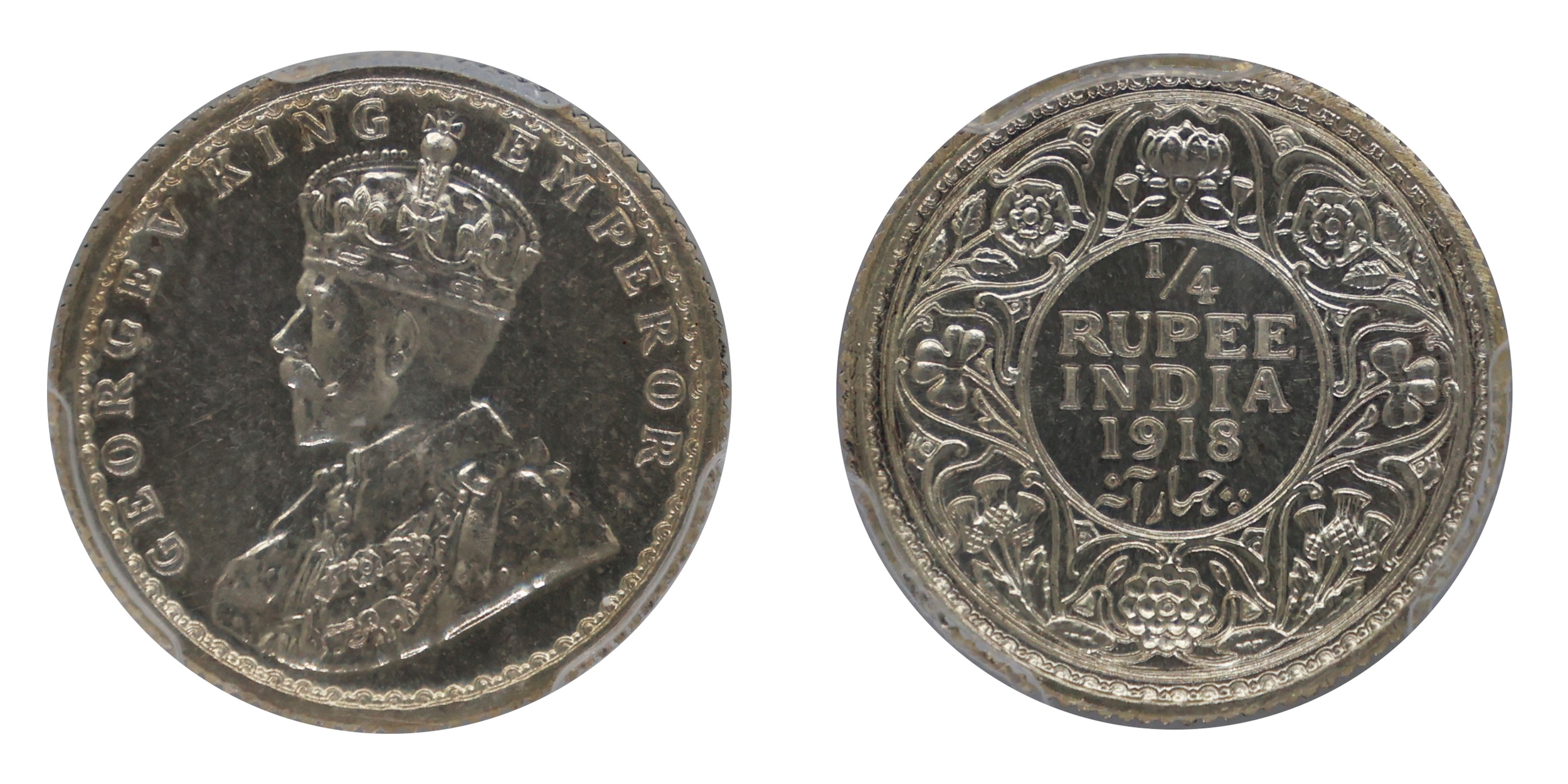 1918, King George V, Silver 1/4 Rupee, Proof Restrike, Bombay Mint , Graded &amp; Slabbed 