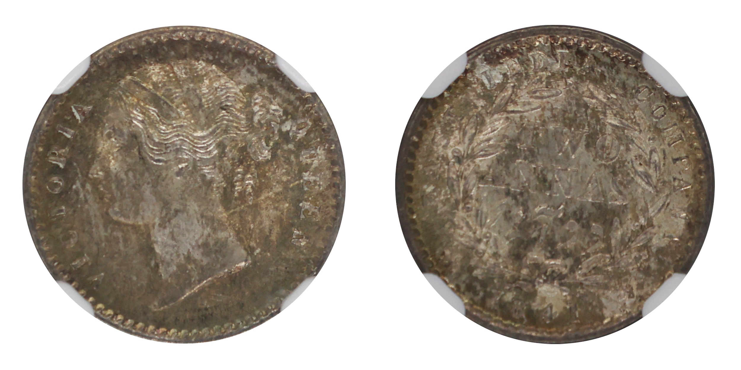 1841, Queen Victoria, Divided Legend, Silver 2 Anna, Calcutta , PR# 121, Obverse: Head of 