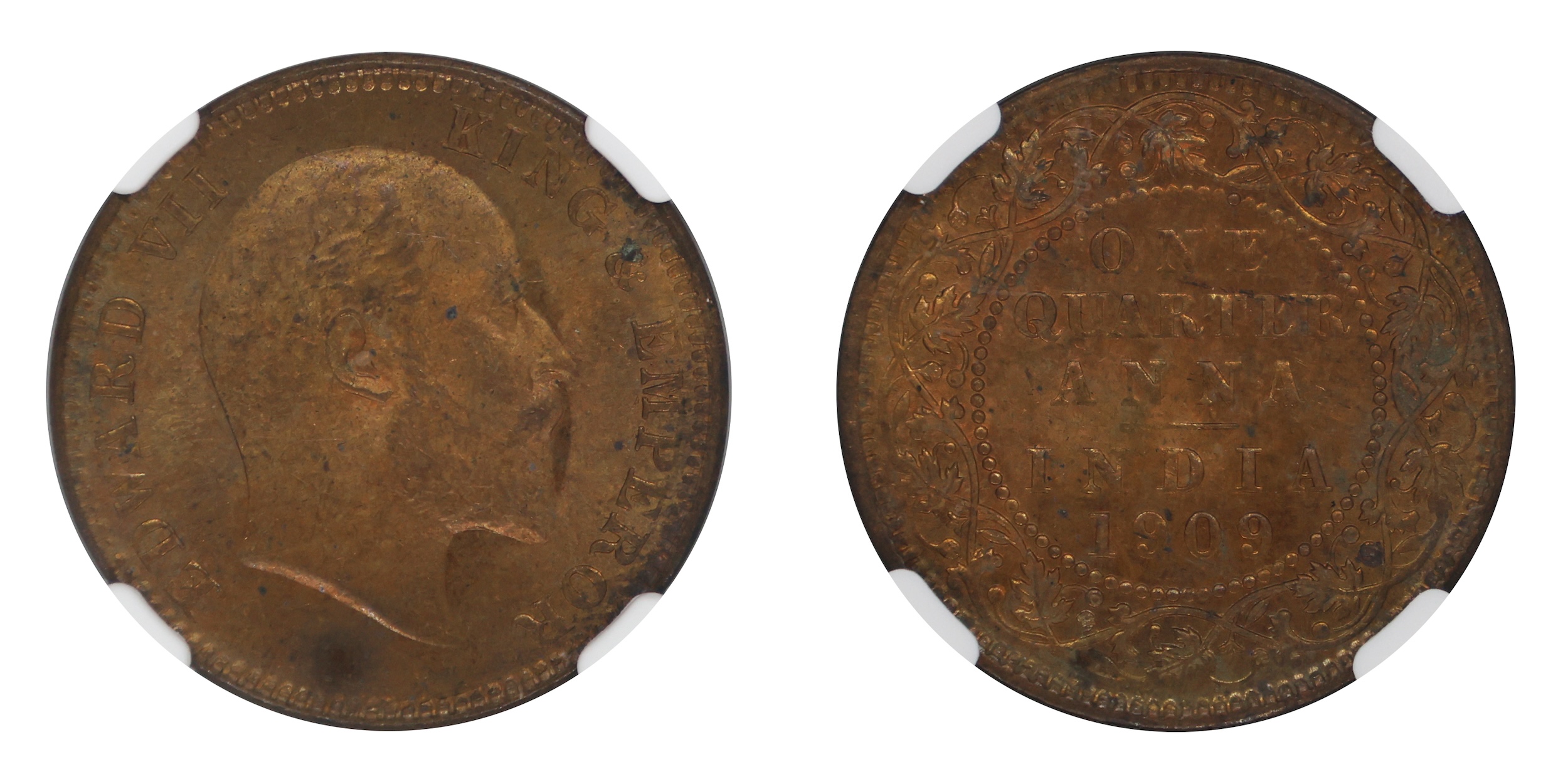 1909, King Edward VII, 1/4 Anna , Bronze , Calcutta mint , KM502, S&amp;W-7.178, Graded &a