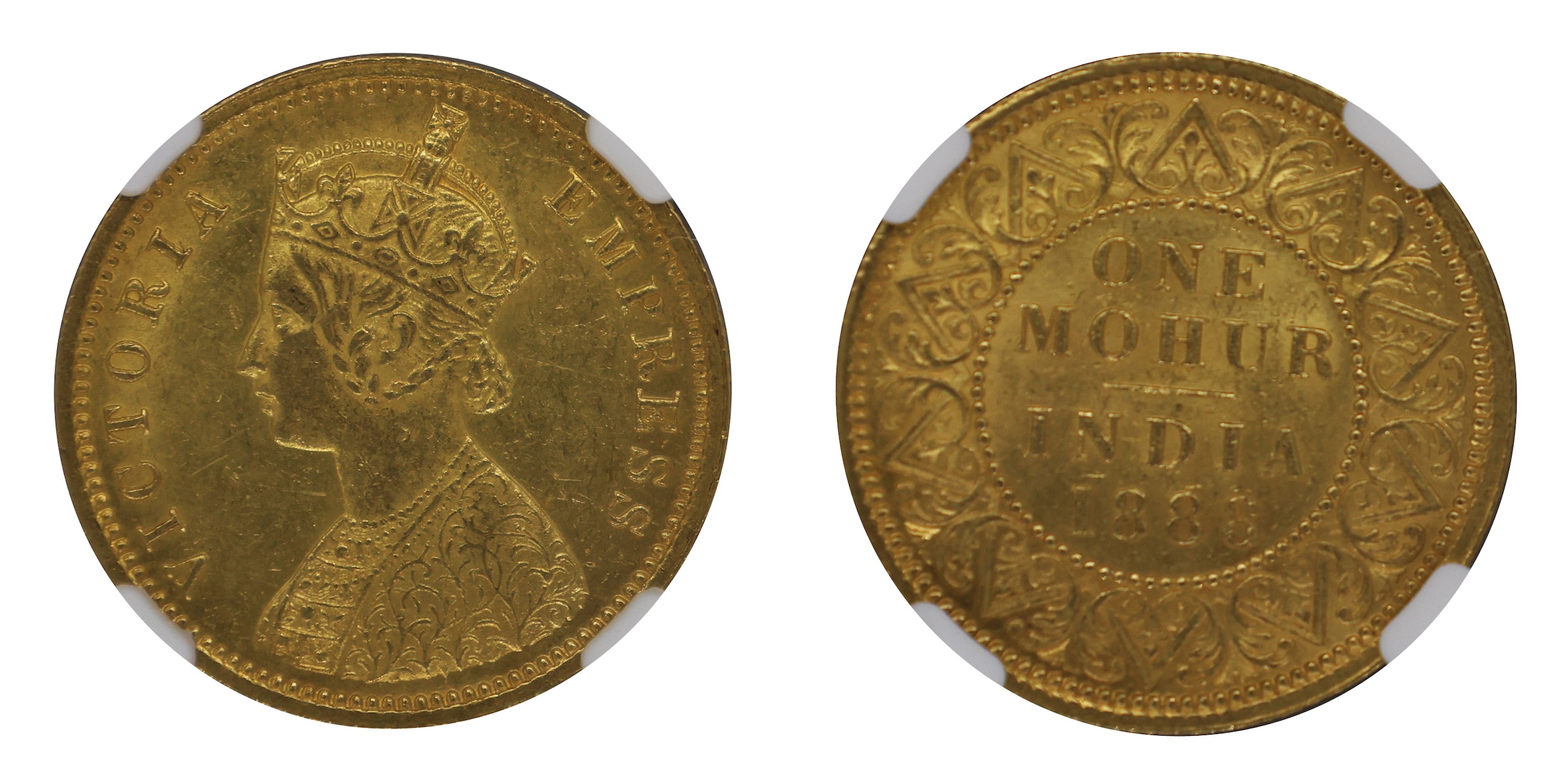 1888, Victoria Empress, Gold Mohur, Calcutta Mint , 11.58gm, Obverse: Two flowers in botto