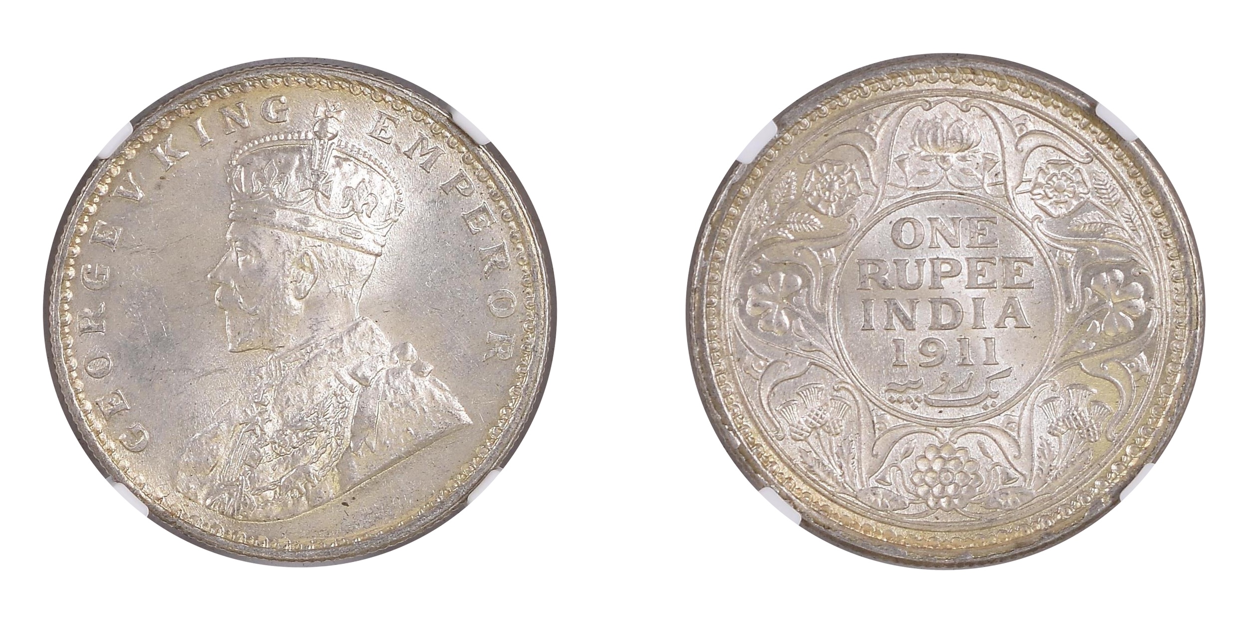 1911, King George V , Silver rupee, Calcutta Mint, no mint mark, Pig-type, Graded &amp; Sl