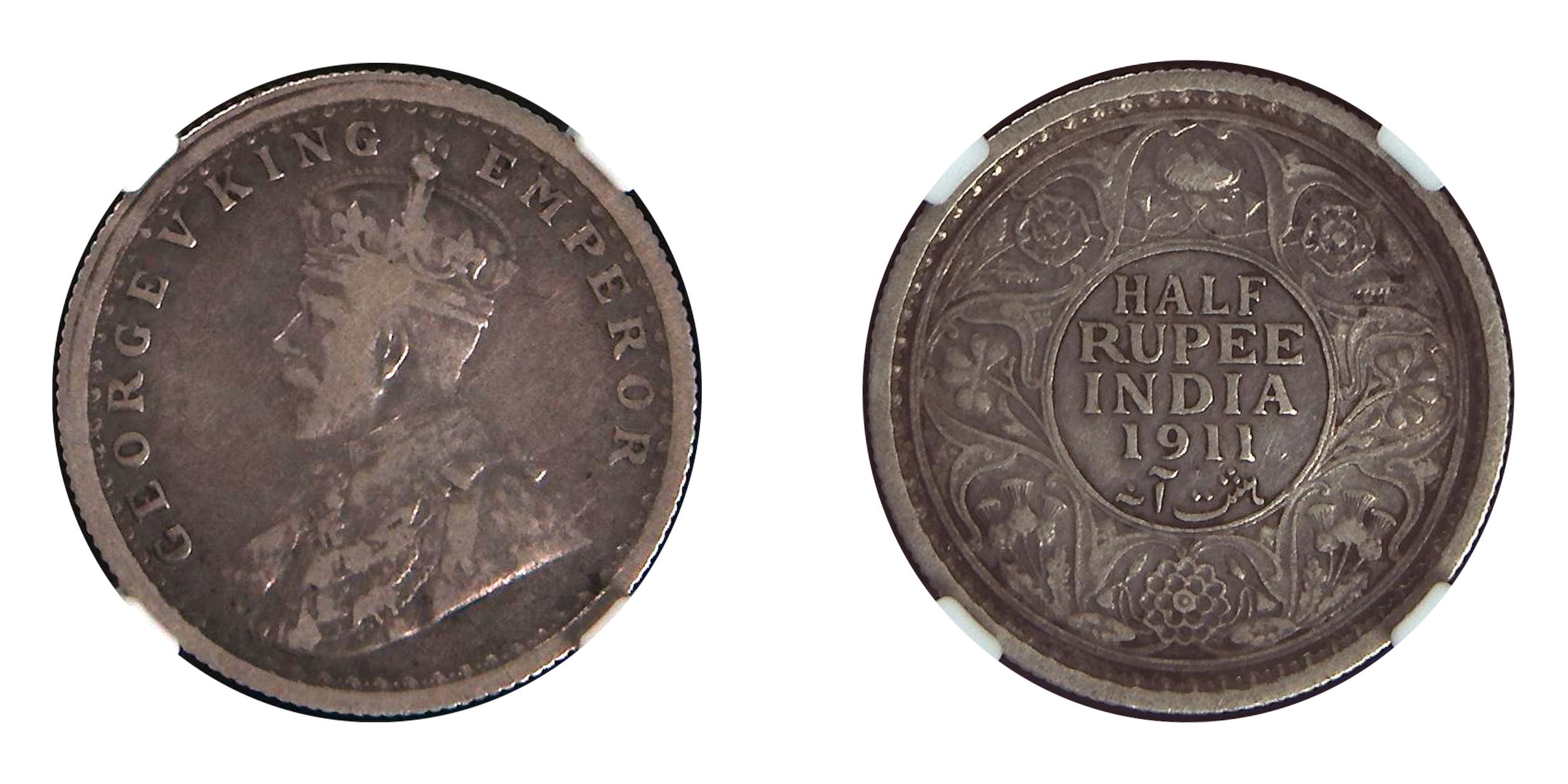 1911, King George V , Silver ½ Rupee, Calcutta Mint, No dot, Pig-Type . PR# 318, GK# 1045,