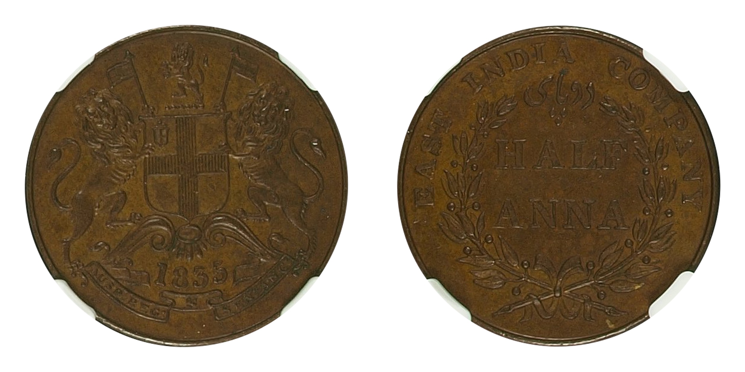 1835, East India Company, Copper 1/2 Anna, Bombay Mint, KM#447.1 (29.5 - 30.5 mm), Graded 