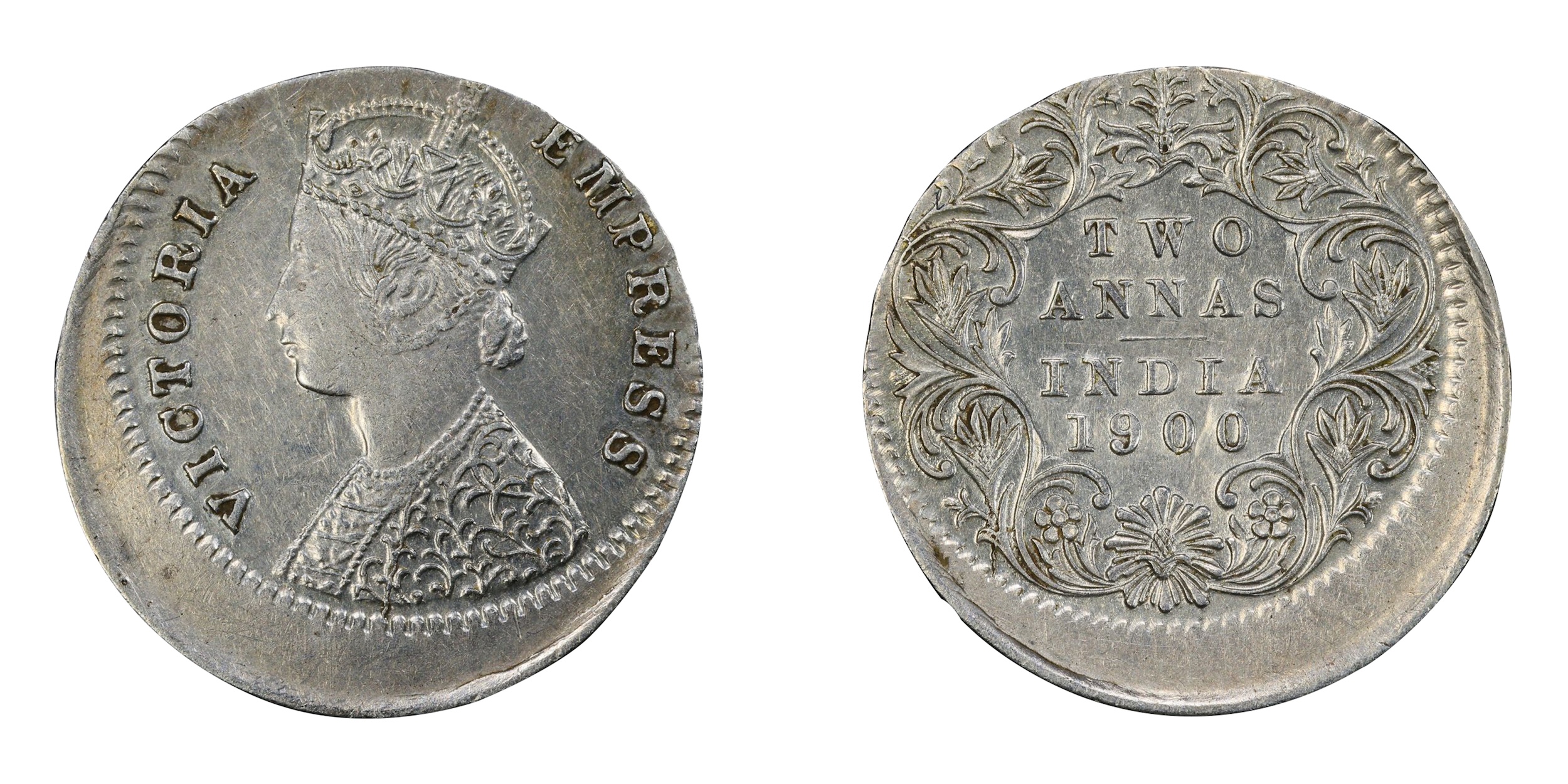 1900, Victoria Empress, Silver, 2 Annas, Bombay Mint , B/I, 'B' raised, Error, 30% shifted