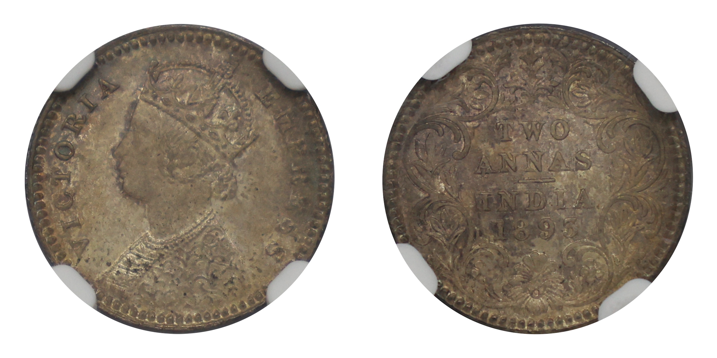 1893, Victoria Empress, Silver 2 Annas, Calcutta Mint , B/II/C incuse, (PR # 508), UNC, Gr