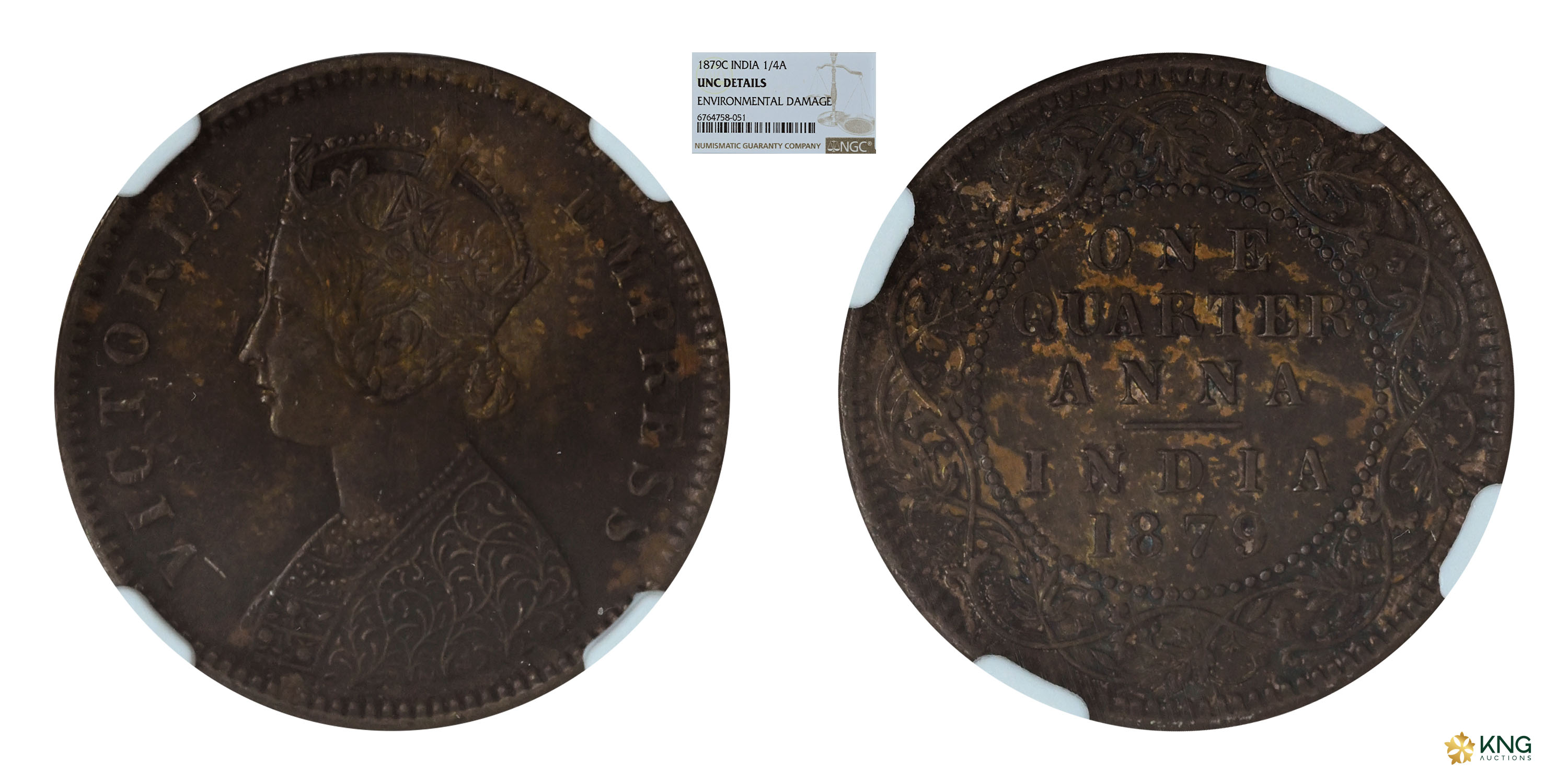 British India , Victoria Empress , copper ¼ anna , 1879, Calcutta mint , C incuse. PR# 613