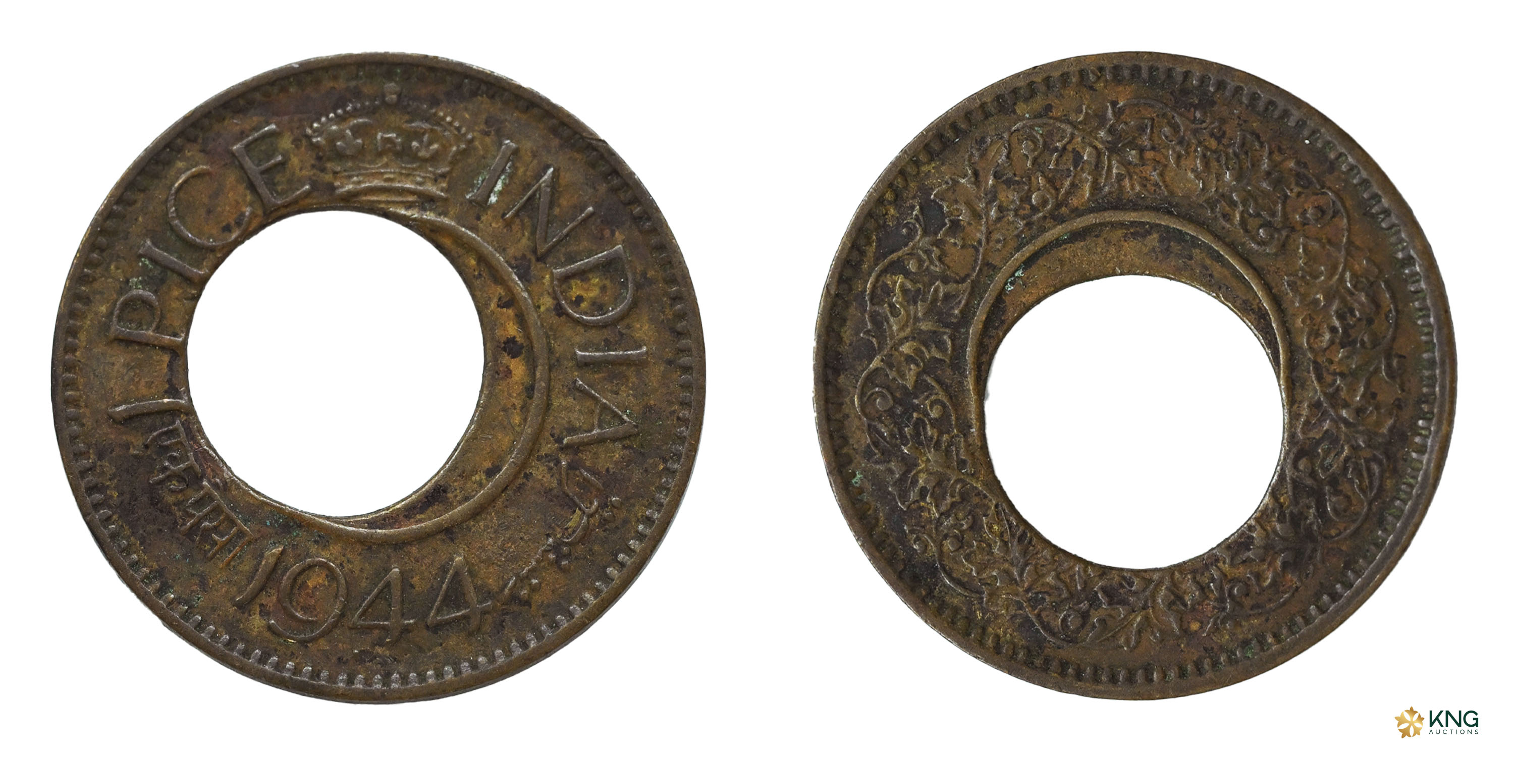 British India , bronze pice (1.88 g, 21.37 mm), 1944. Mint-made striking error with an app