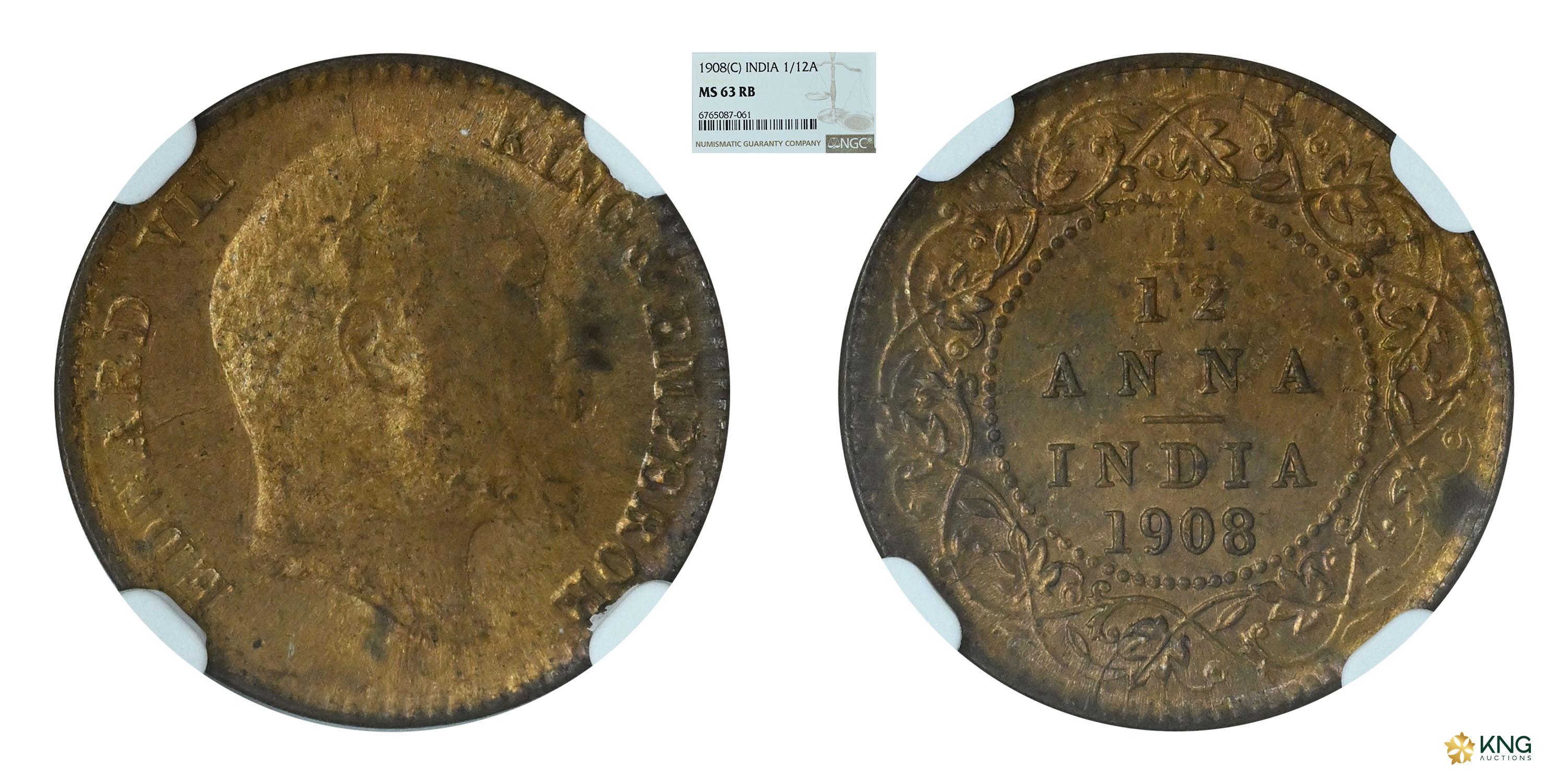 British India , Edward VII, King Emperor , bronze 1/12 anna , 1908, Calcutta mint . PR# 82