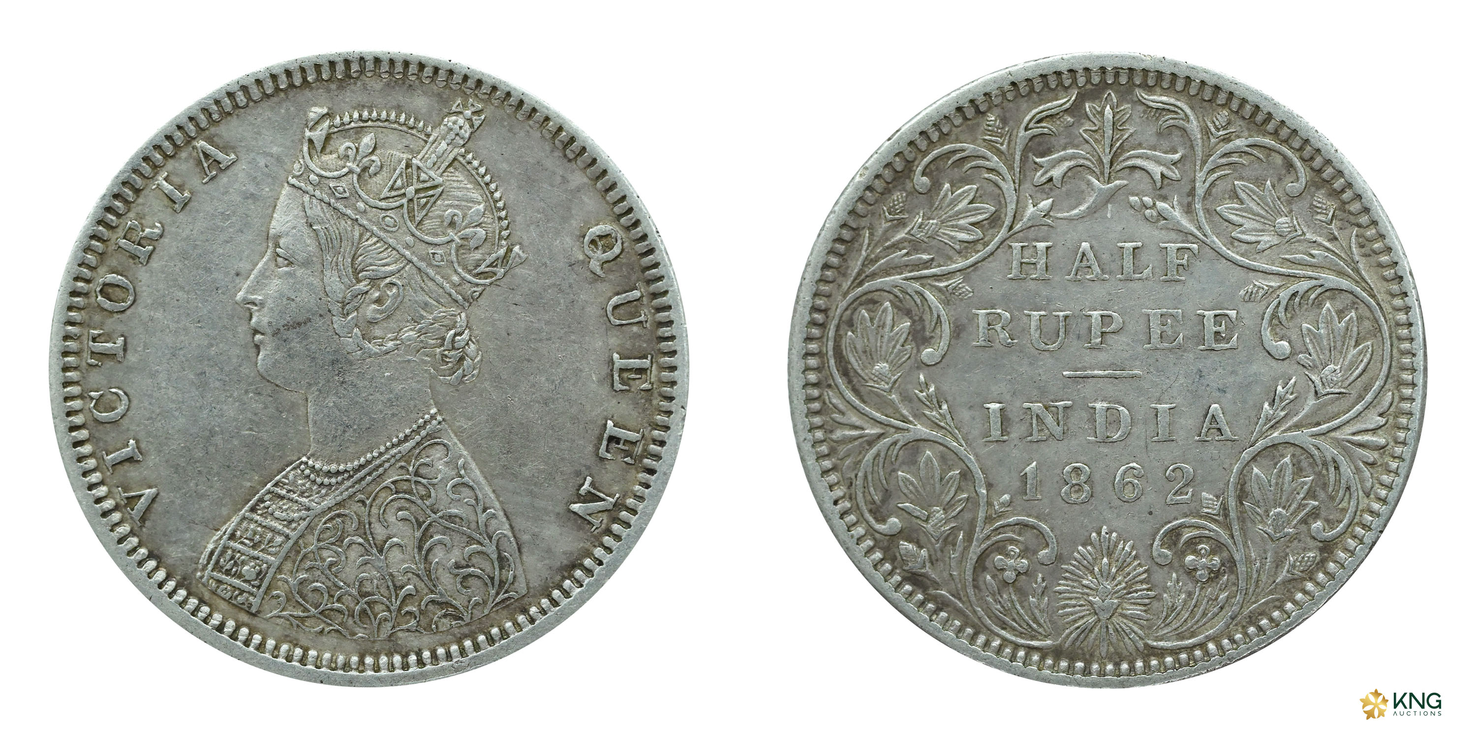 Victoria Queen , silver ½ rupee (5.76 g, 24.58 mm), 1862, Madras mint , B2/II, Elongated P